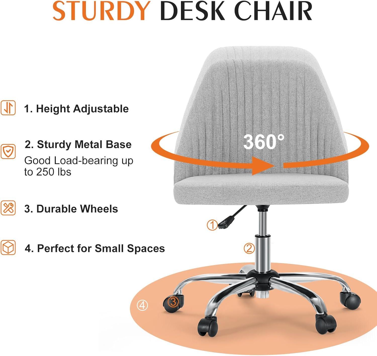 Sweetcrispy Armless Office Chair, Modern Fabric Home Office Desk Chairs with Wheels Adjustable Swivel Task Computer Vanity Seat for Small Spaces