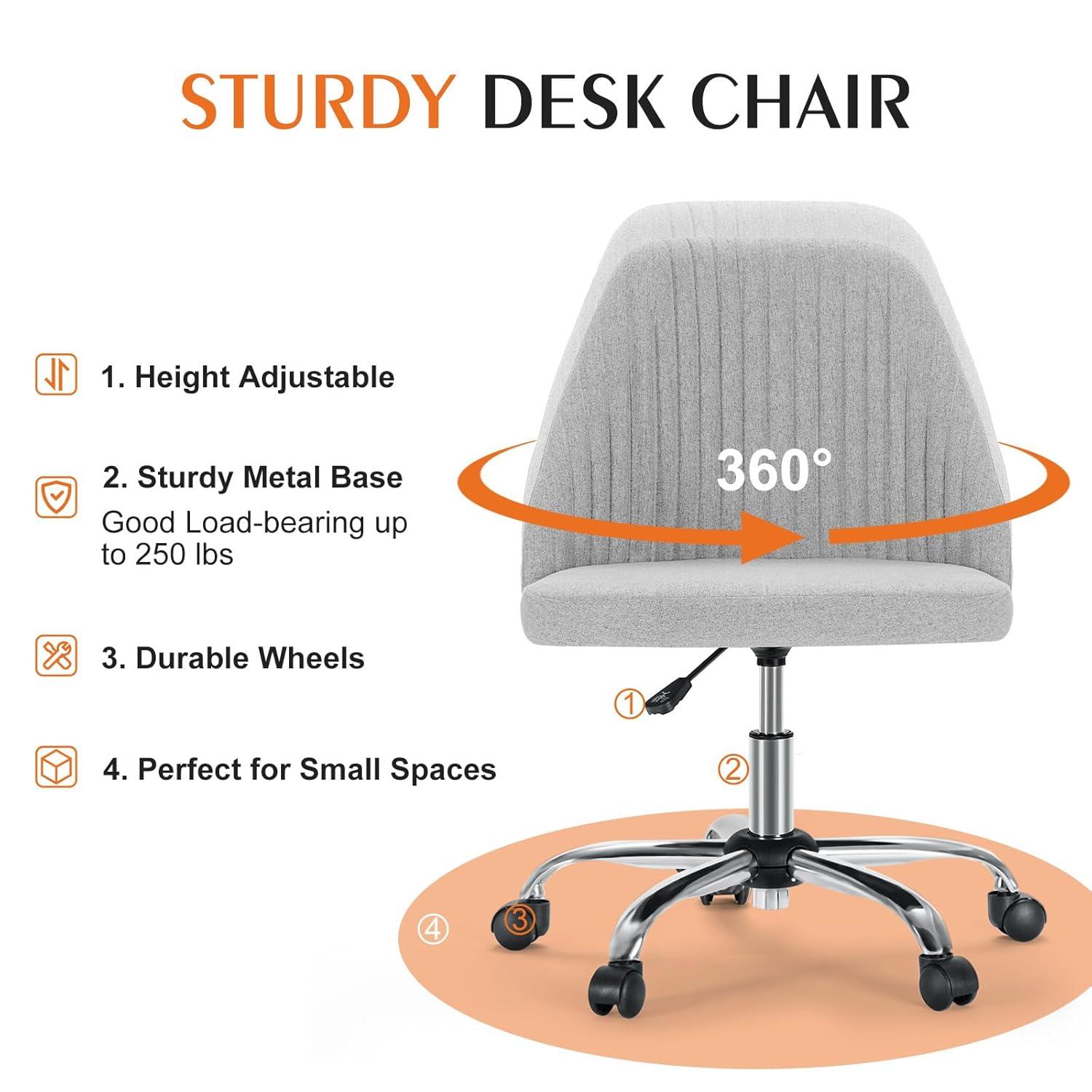 Sweetcrispy Armless Office Chair, Modern Fabric Home Office Desk Chairs with Wheels Adjustable Swivel Task Computer Vanity Seat for Small Spaces