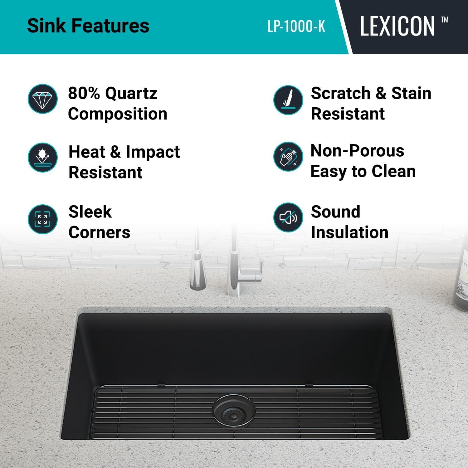 Lexicon LP-1000-K 32" x 19" Quartz Kitchen Sink, Single Bowl Sink, Drop-in Sink, Undermount Sink, Granite Kitchen Sink, with Steel Grids and Basket Strainer, Disposal Flange
