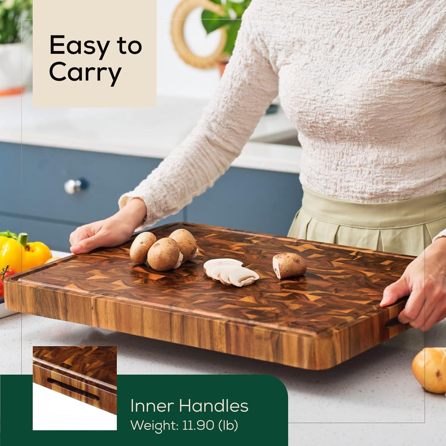 20" x 15" x 1.5" Inch Acacia Wood Cutting Board, End Grain with Juice Groove and Handles, Knife Friendly, Suitable for Chopping, Aesthetics for The Kitchen
