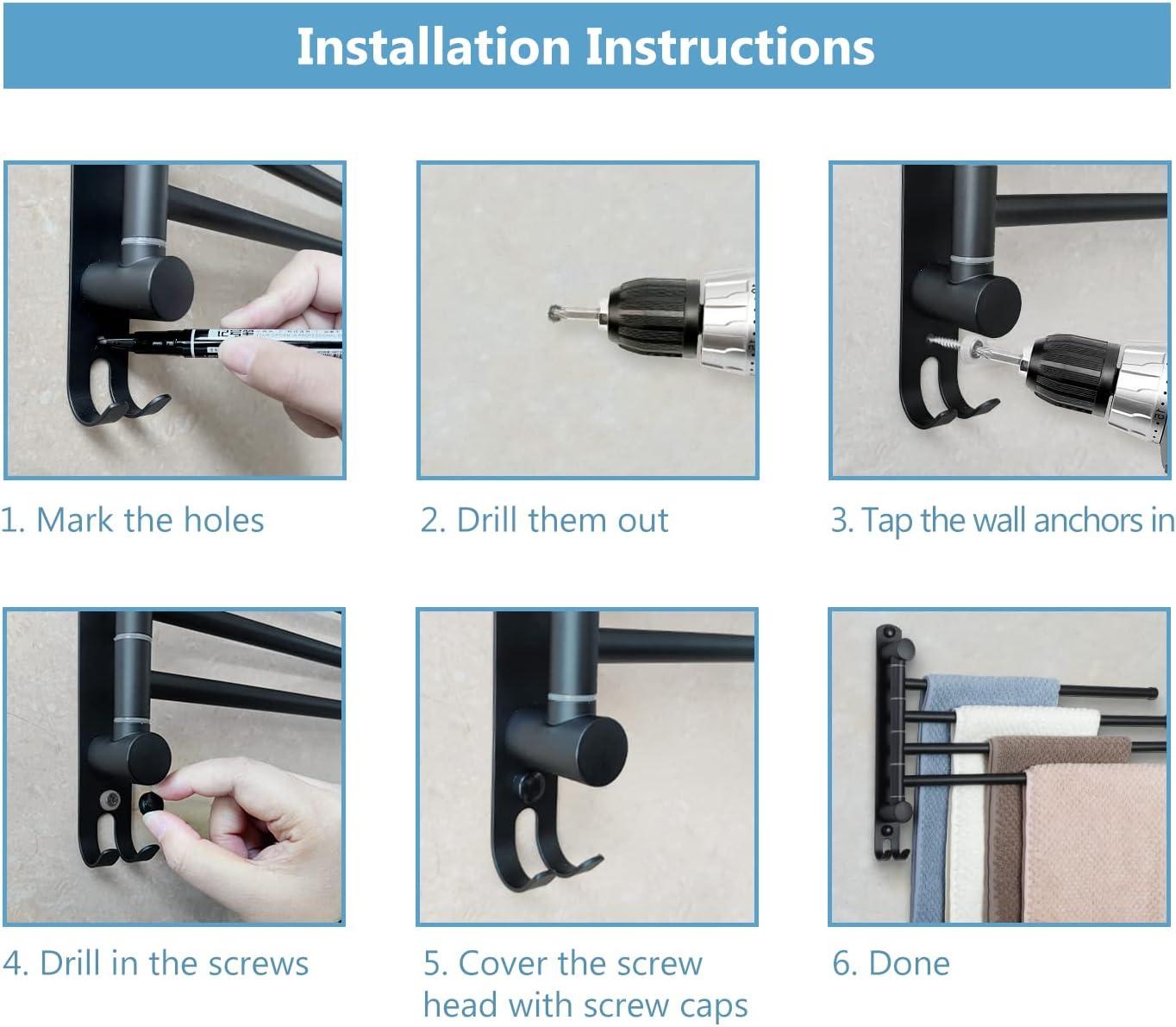 Black Stainless Steel Wall Mounted Swivel Towel Rack with 4 Arms