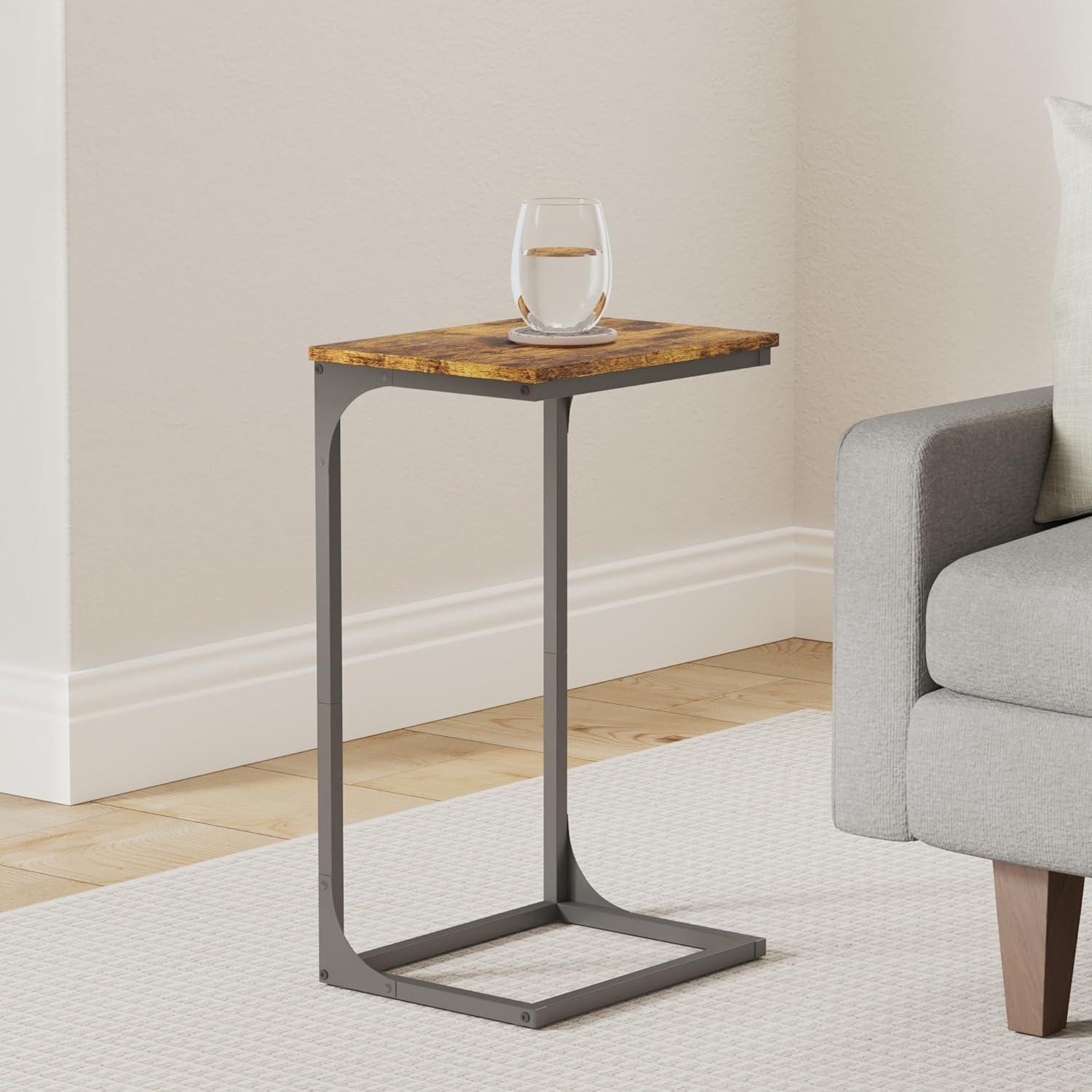 Rustic Brown and Black C-Shaped Metal Frame Side Table