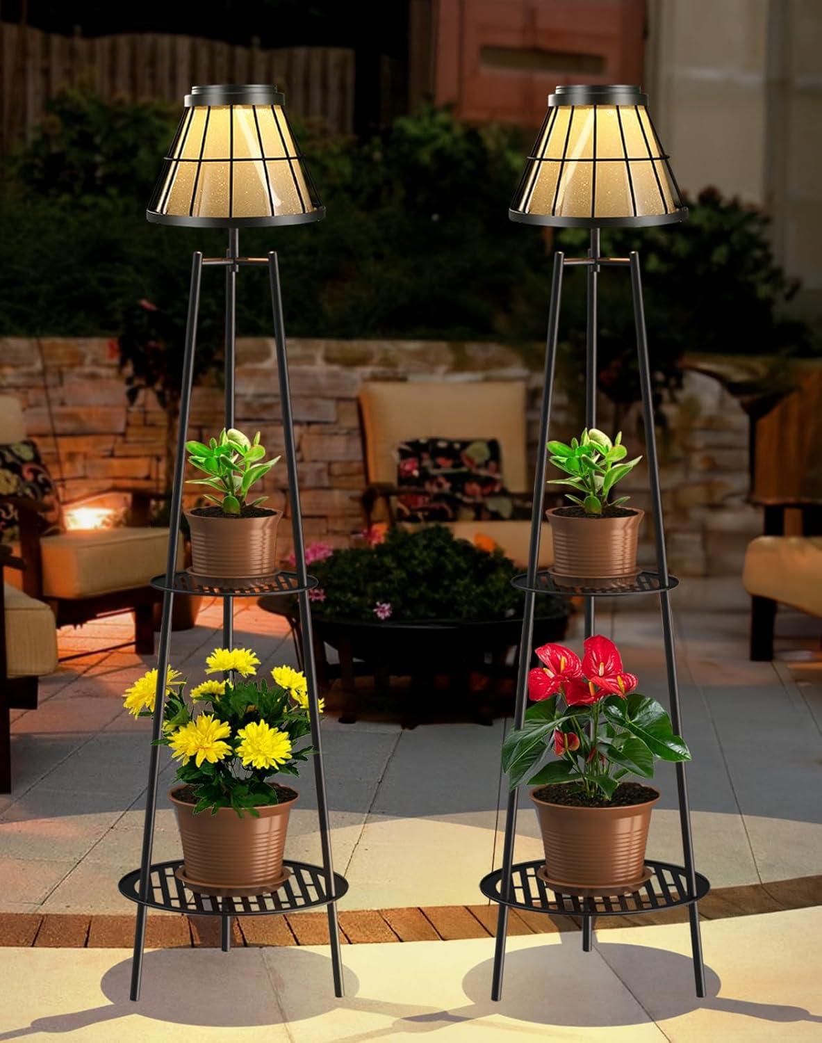 2 Pack 45.5'' Outdoor Floor Lamps with 2 Tier Plant Stand, Solar Powered Metal Waterproof Lights for Patio Deck Yard Garden Porch Decor