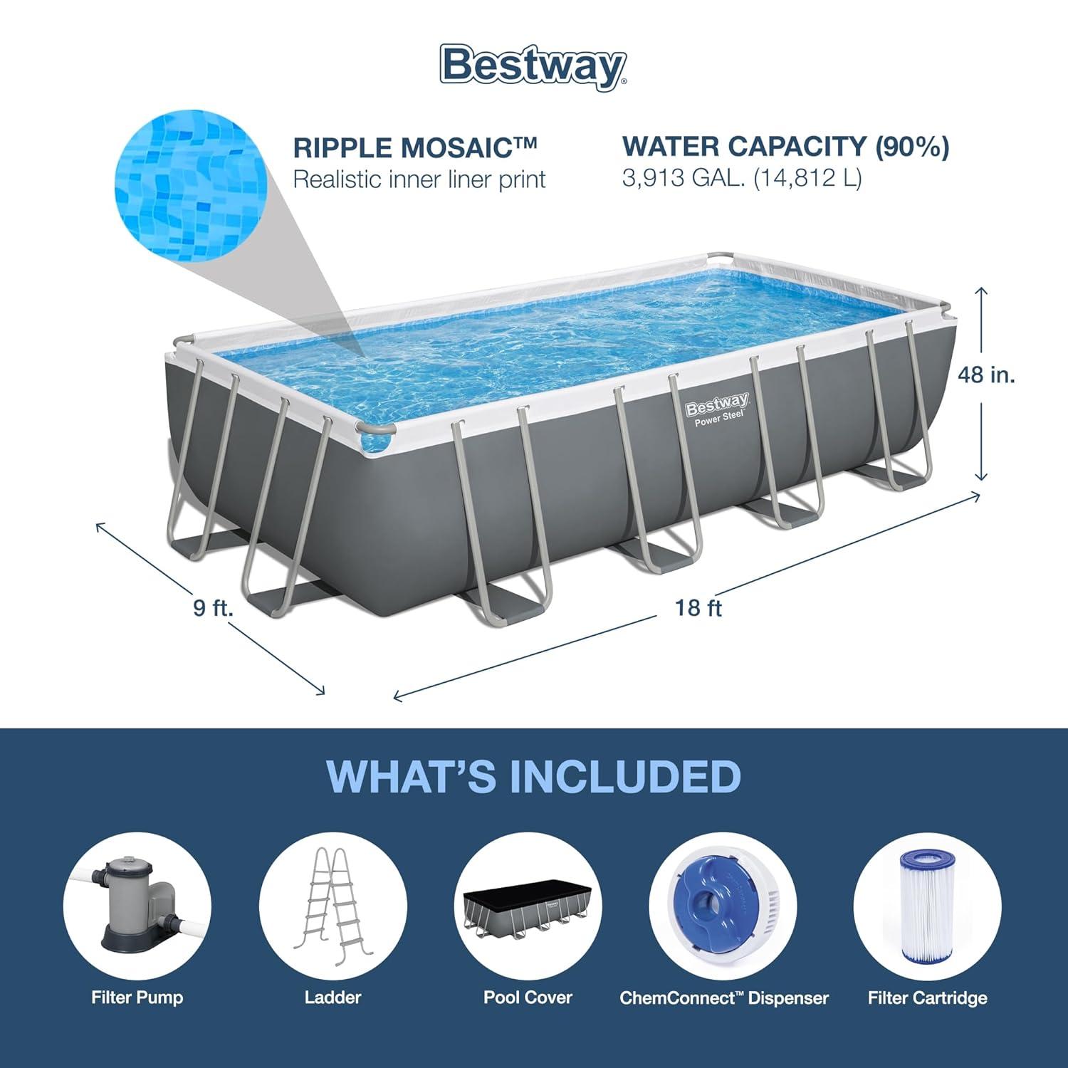 Bestway Power Steel 18' x 9' x 48" Rectangular Metal Frame Above Ground Swimming Pool Set with 1,500 GPH Filter Pump, Ladder, and Pool Cover