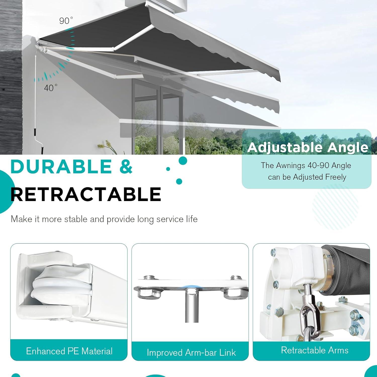 Grey Manual Retractable Patio Awning with Aluminum Frame