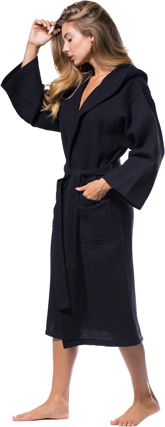 Turquaz Linen Lightweight Long Waffle Kimono Unisex Spa Robe (One Size, Black)