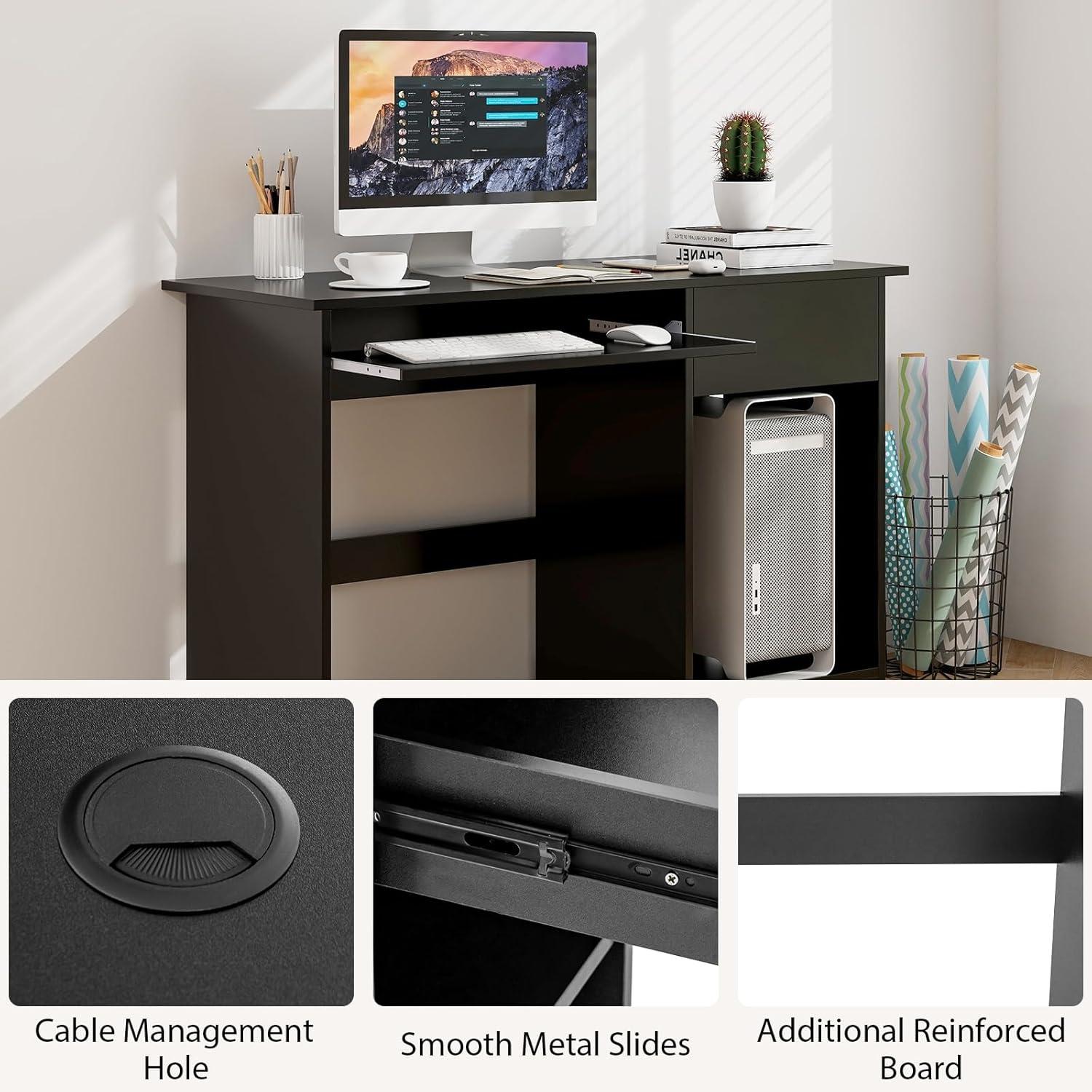 Tangkula Computer Desk w/ Keyboard Tray Large Drawer Home Office Desk w/ Adjustable Shelf & Cable Hole Study Desk