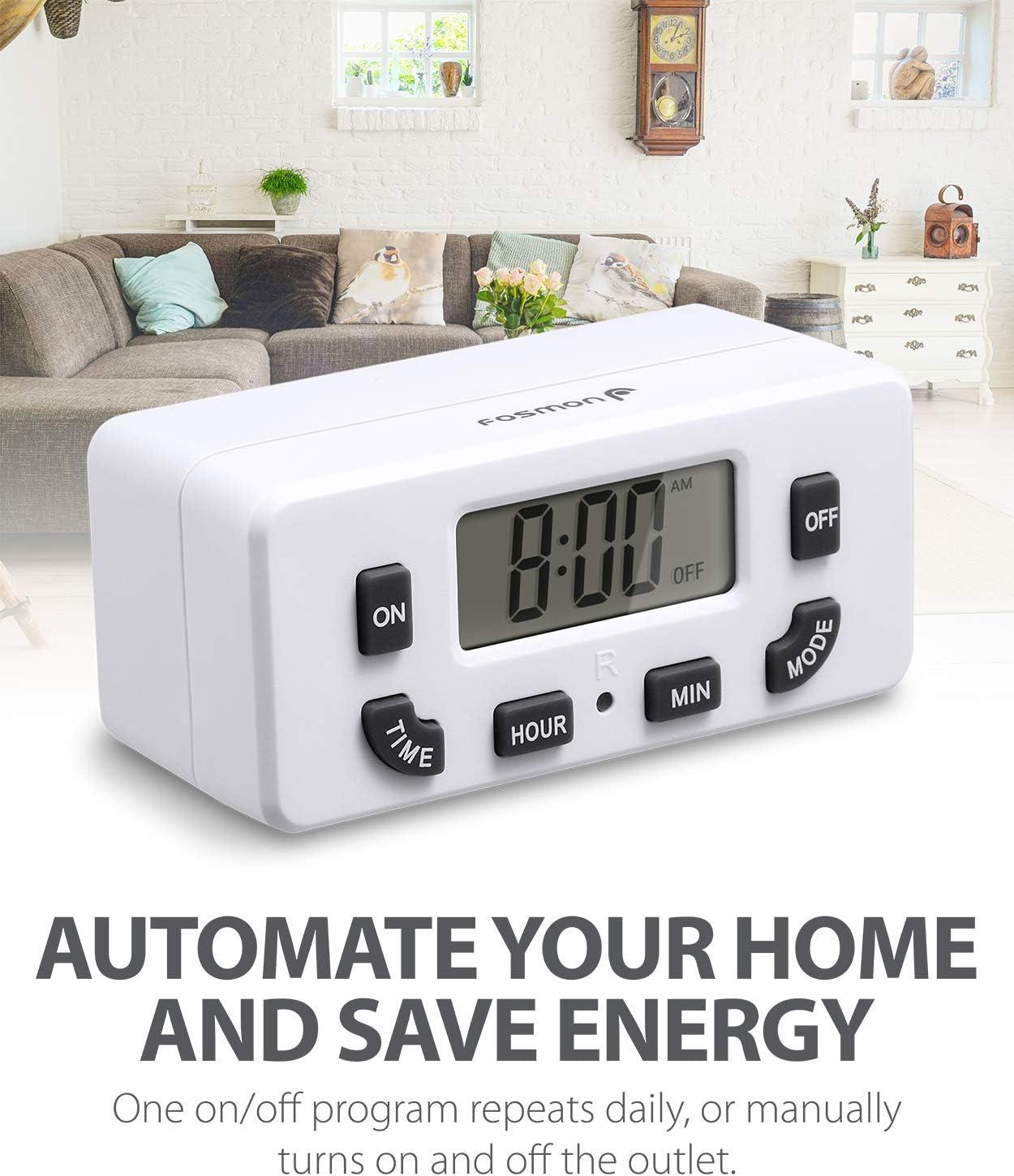 Fosmon 24 Hour Programmable Digital Timer Outlet (2 Pack), ON/Off Program, LCD Display, Mini Indoor Single Plug-in, 125V 15A for Seasonal Light, Lamp, Heater, Portable Fan, Aquarium