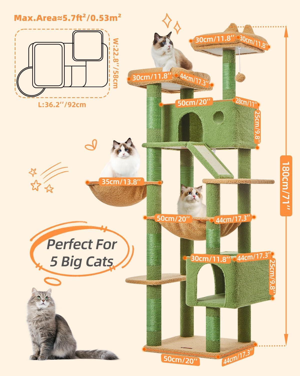 71-Inch Large Cat Tree For Large Cats Plush Multi-Level Cat Condo With 8 Scratching Posts 2 Perches Cave Hammock 2 Pompoms Scratch Board