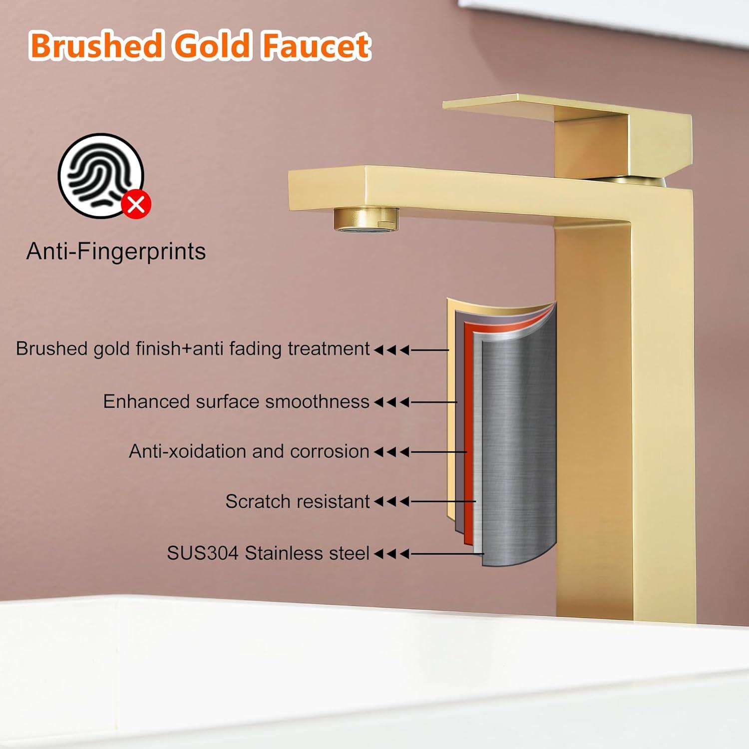 Brushed Gold Tall Stainless Steel Vessel Sink Faucet