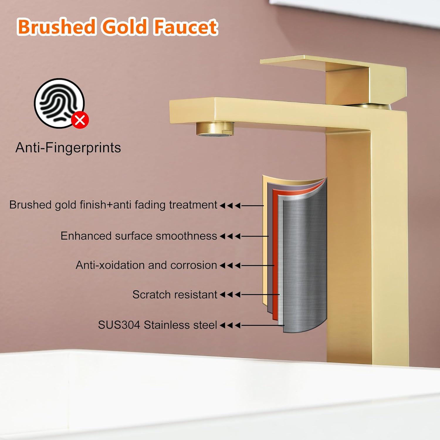 Gold Vessel Sink Faucet, Brushed Gold Tall Single Handle Bathroom Vessel Sink Faucet 1 Hole, Modern Stainless Steel Restroom Vanity Faucet with Metal Pop Up Drain and Water Supply Hose