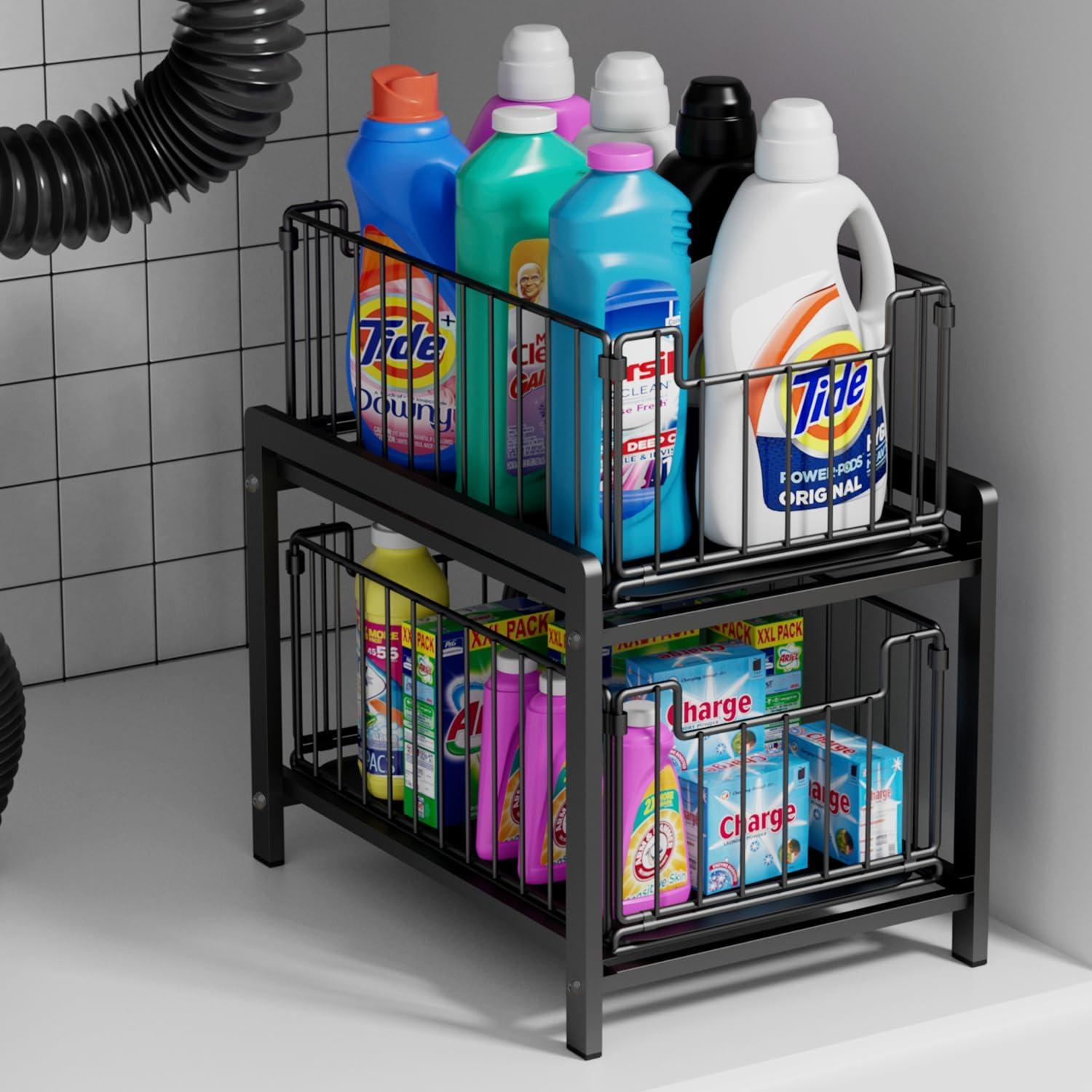 2 Tier Stackable Sliding Basket Under Sink Storage Pull Out Organizer Drawer for Kitchen Bathroom