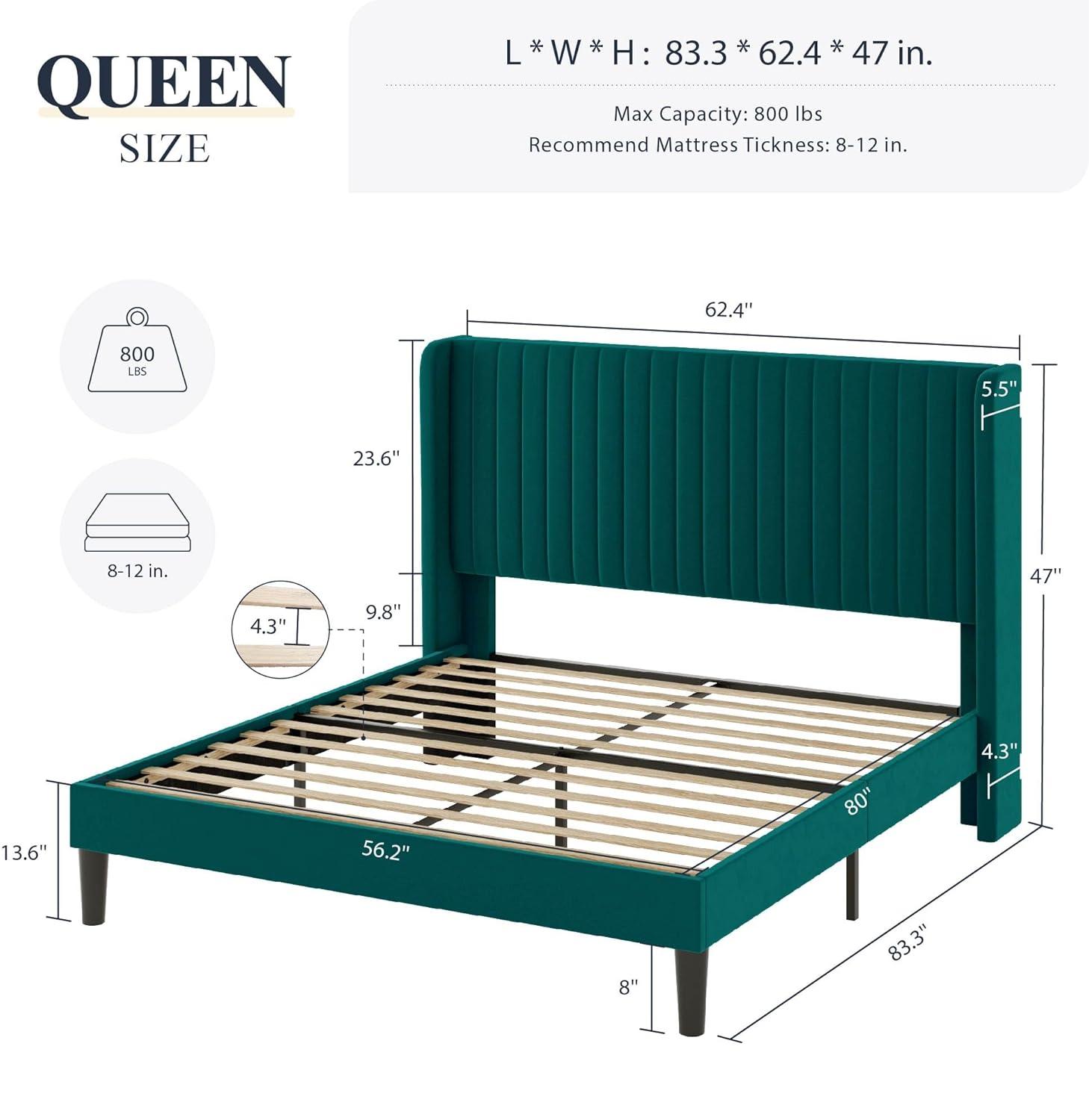 Candler Velvet Upholstered Platform Bed with Wingback Headboard and Wooden Slats