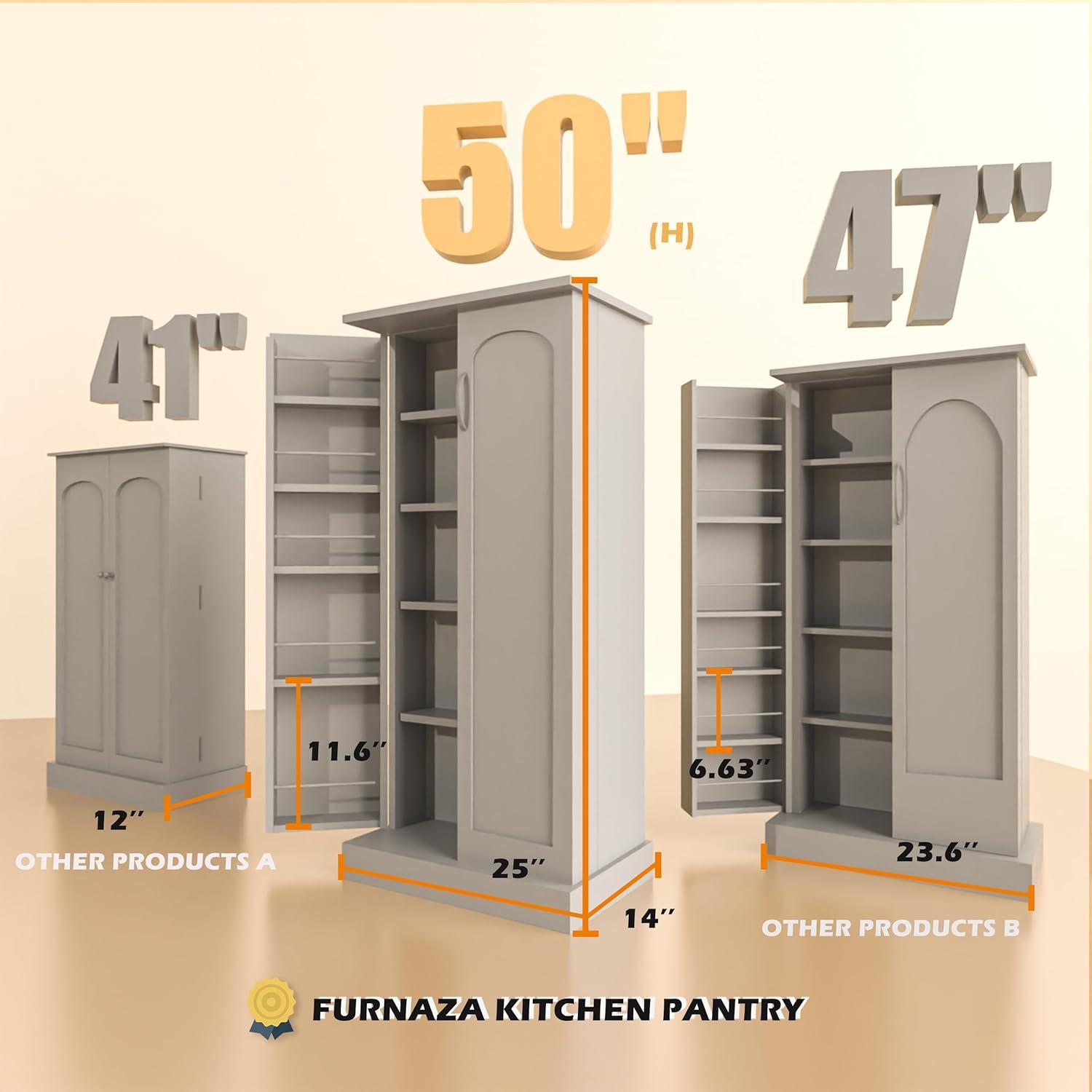 50" LED Kitchen Pantry Storage Cabinets - Standing Food Cabinets Cupboards with 2 Doors with Racks and Shelves Adjustable for Small Space in Dinning Room, Living Room, in Grey