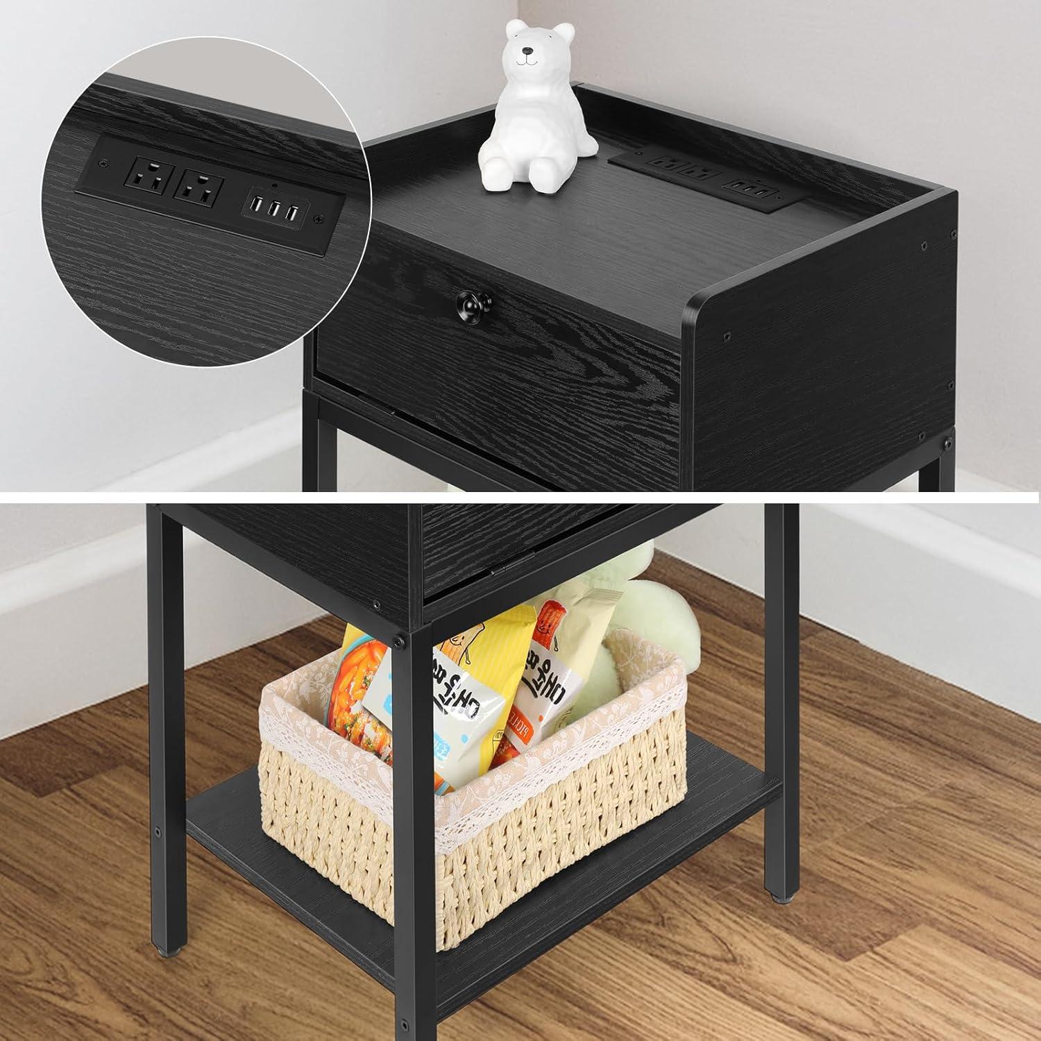 Nightstand End Table with Charging Station, USB Ports, Drawer and Storage Shelf, Black