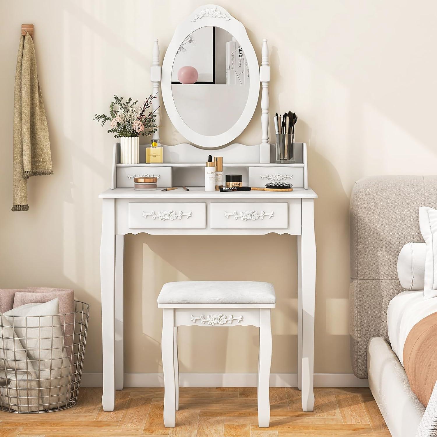 Giantex Girls Vanity Desk with 4 Drawers, White Makeup Vanity Table with Mirror and Cushioned Stool, Rose Shaped Knobs, Modern Bedroom Dressing Table for Small Place Apartment
