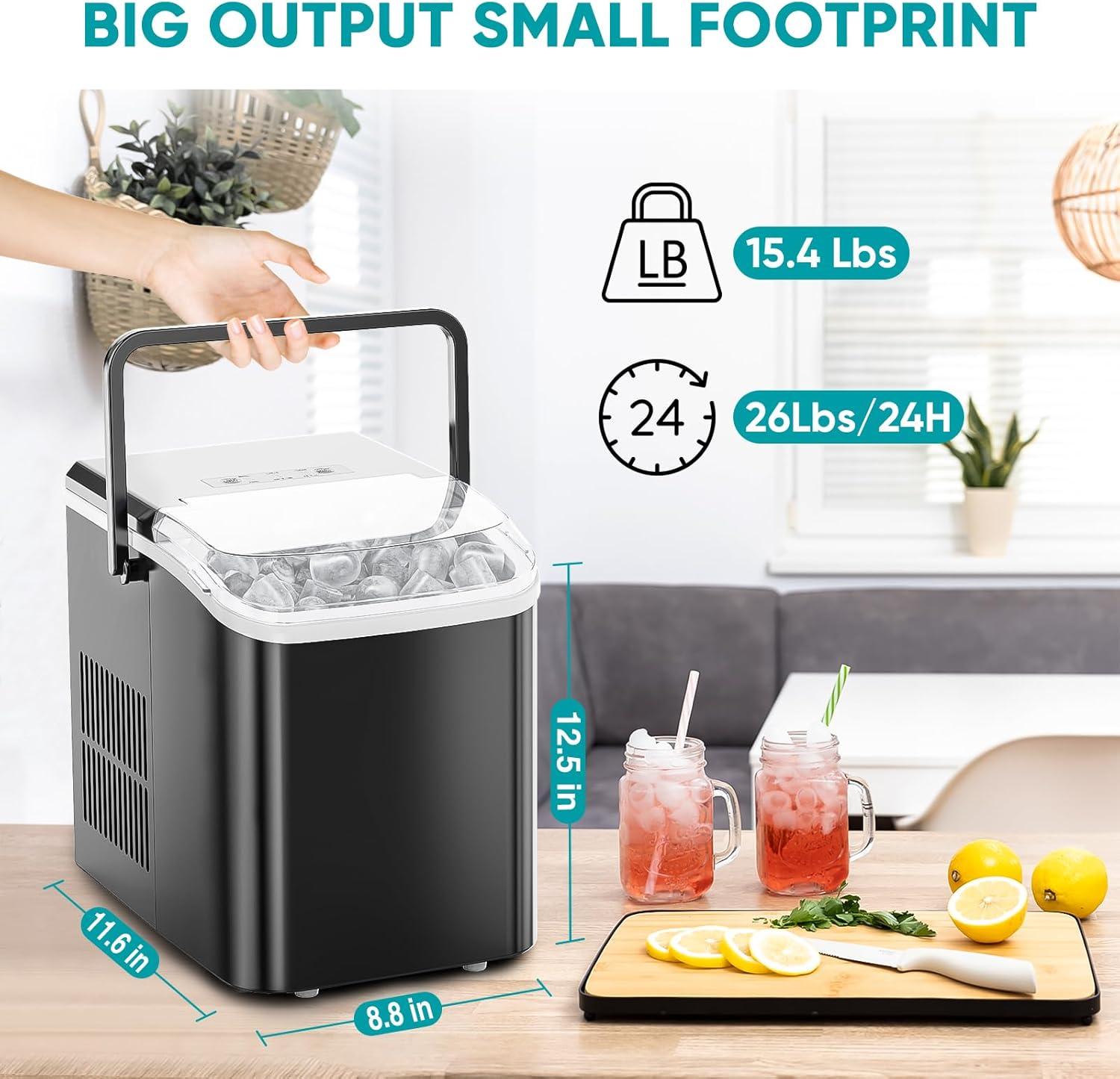 Ice Maker, 9Pcs/6Min, Self-Cleaning Portable Ice Maker Machine, 40 db quieter processing, 26Lbs/24H with Ice Scoop and Handle, 2 Sizes Bullet Cubes Makers, Black