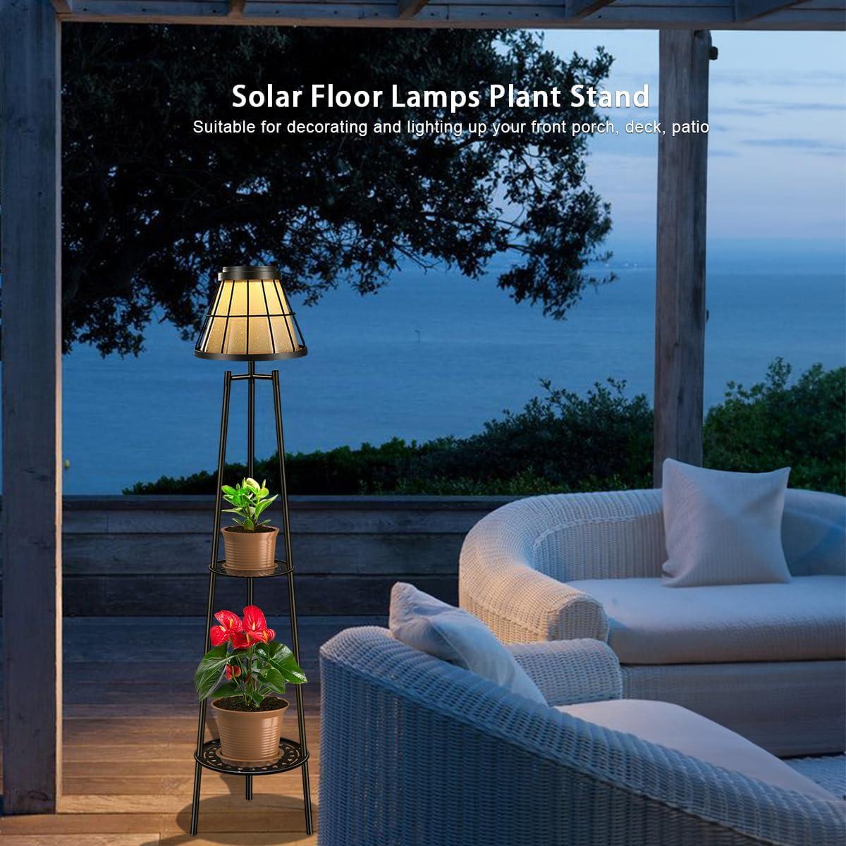 2 Pack 45.5'' Outdoor Floor Lamps with 2 Tier Plant Stand, Solar Powered Metal Waterproof Lights for Patio Deck Yard Garden Porch Decor