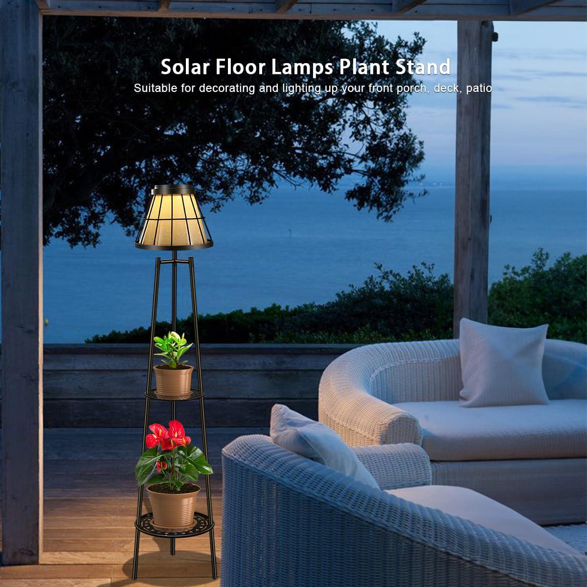 2 Pack 45.5'' Outdoor Floor Lamps with 2 Tier Plant Stand, Solar Powered Metal Waterproof Lights for Patio Deck Yard Garden Porch Decor