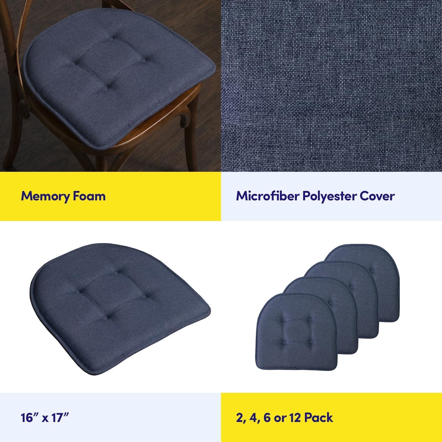 Solid Color U Shaped Memory Foam 17" x 16" Chair Cushions, Denim, 4 Pack