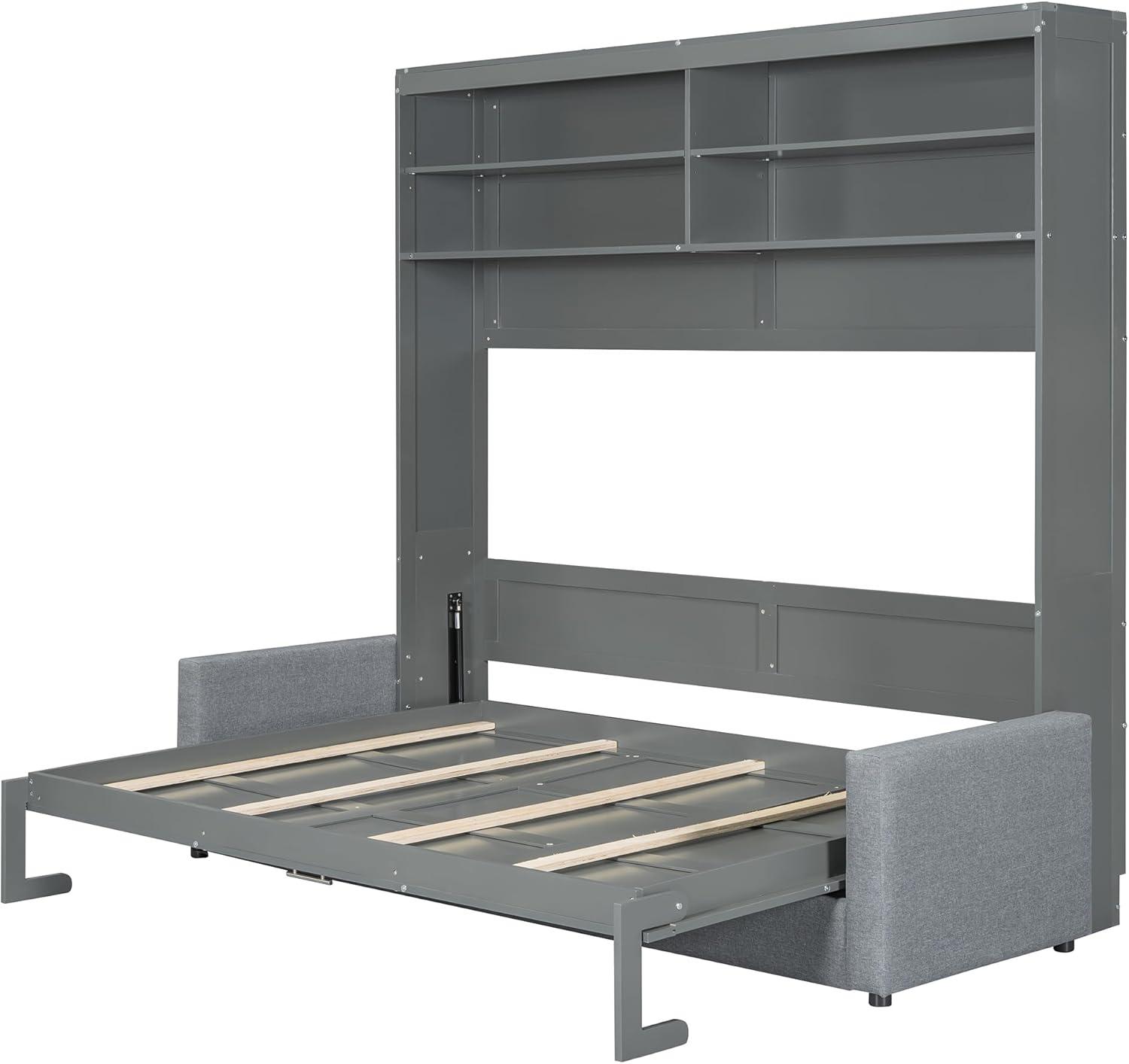 Harper & Bright Designs Queen Size Murphy Bed with Cushion and Storage Shelves, Wood Queen Platform Bed with Sofa, Wall Bed, Hidden Foldable Bed Frame for Home Office or Small Room,Gray
