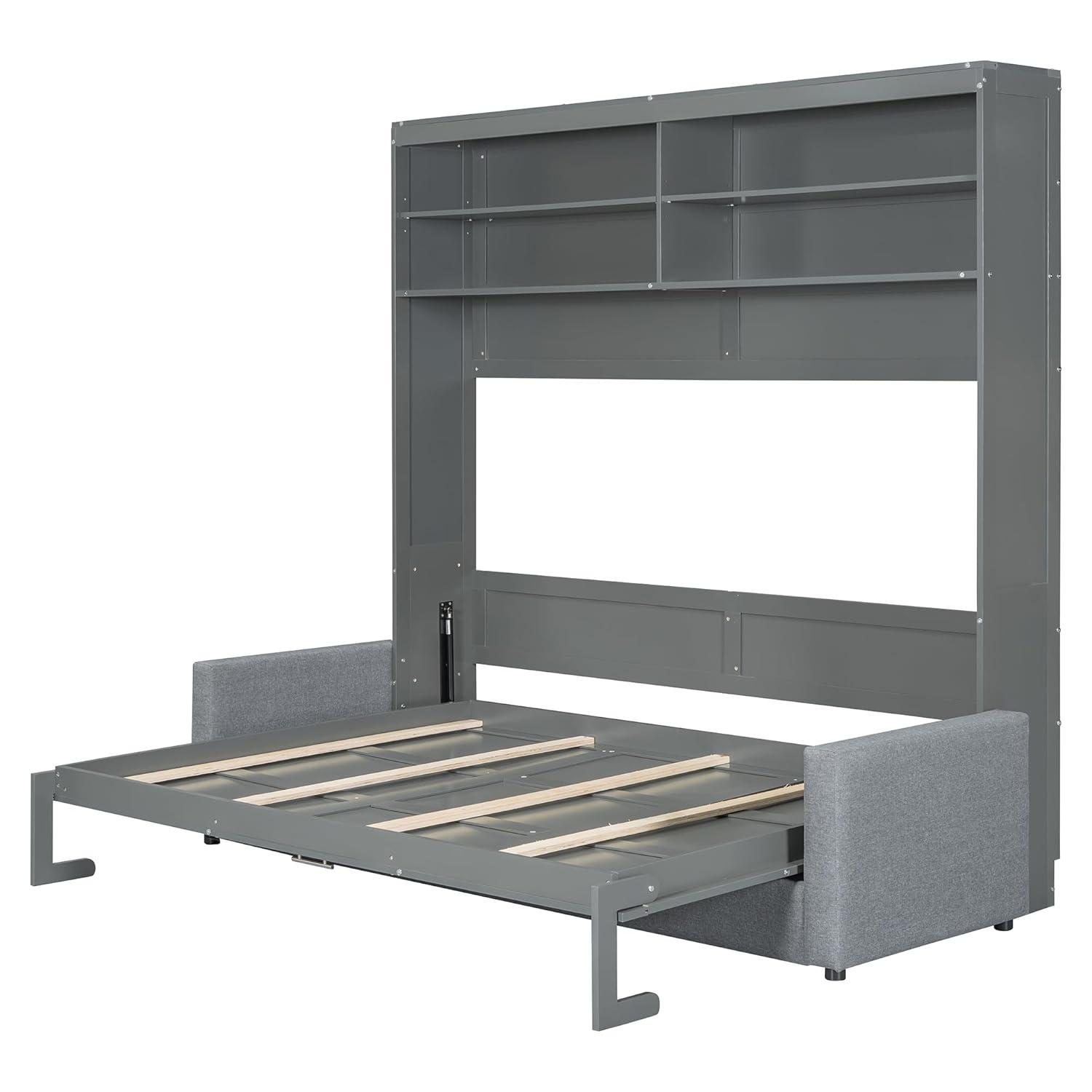 Harper & Bright Designs Queen Size Murphy Bed with Cushion and Storage Shelves, Wood Queen Platform Bed with Sofa, Wall Bed, Hidden Foldable Bed Frame for Home Office or Small Room,Gray