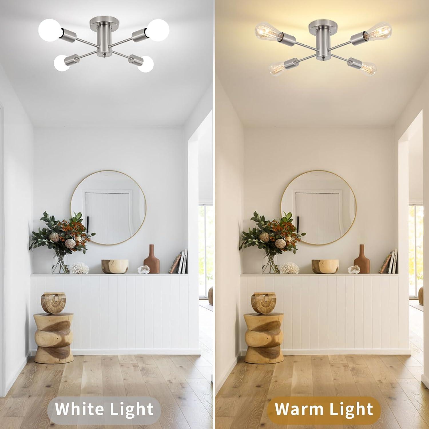 Sputnik Chandeliers, 4 Lights Kitchen Lighting Fixtures Ceiling Brushed Nickel Chandelier, Semi Flush Mount Ceiling Light Fixture for Bedroom Hallway Kitchen Living Room Dining Room