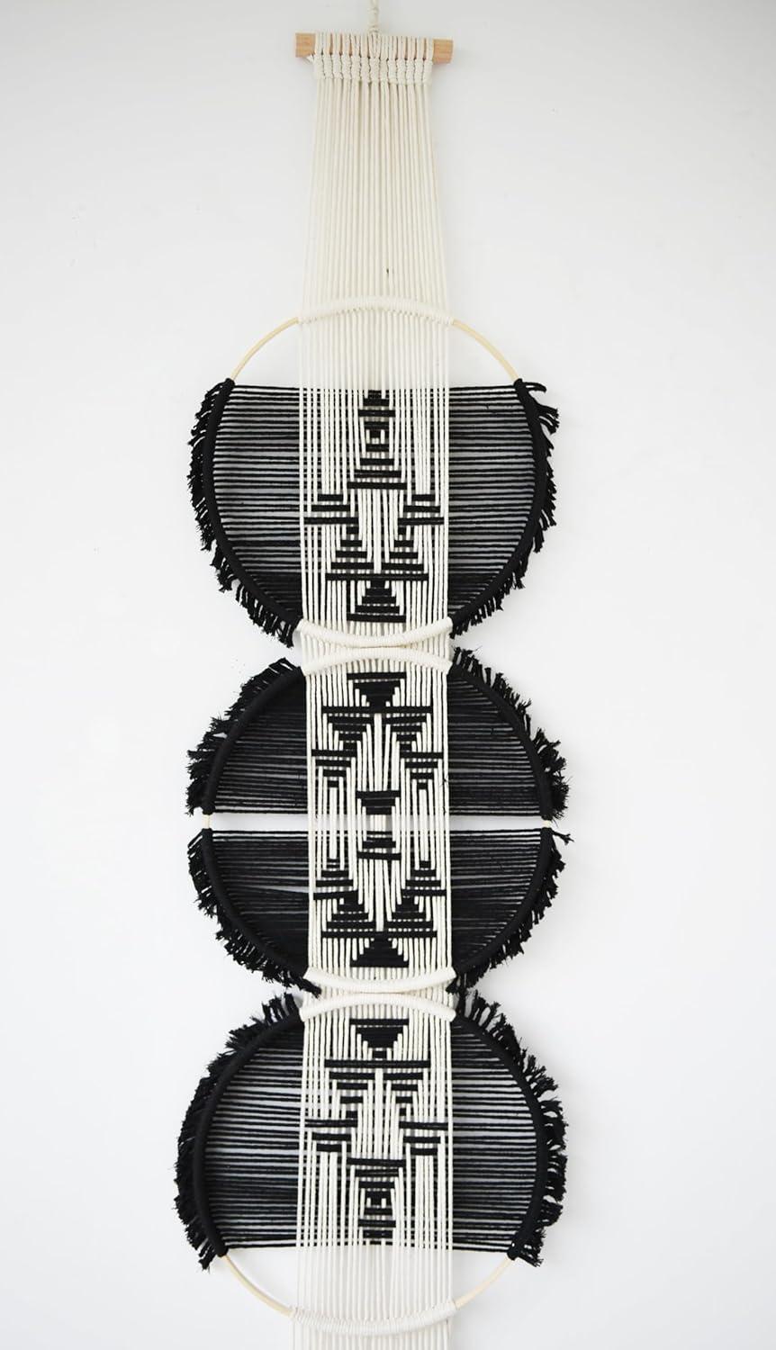 Flber Macrame Wall Hanging black and white Boho Wall Decor Art Living room wall art Round Handmade Geometric Lines Home Décor 11.8W x 65L