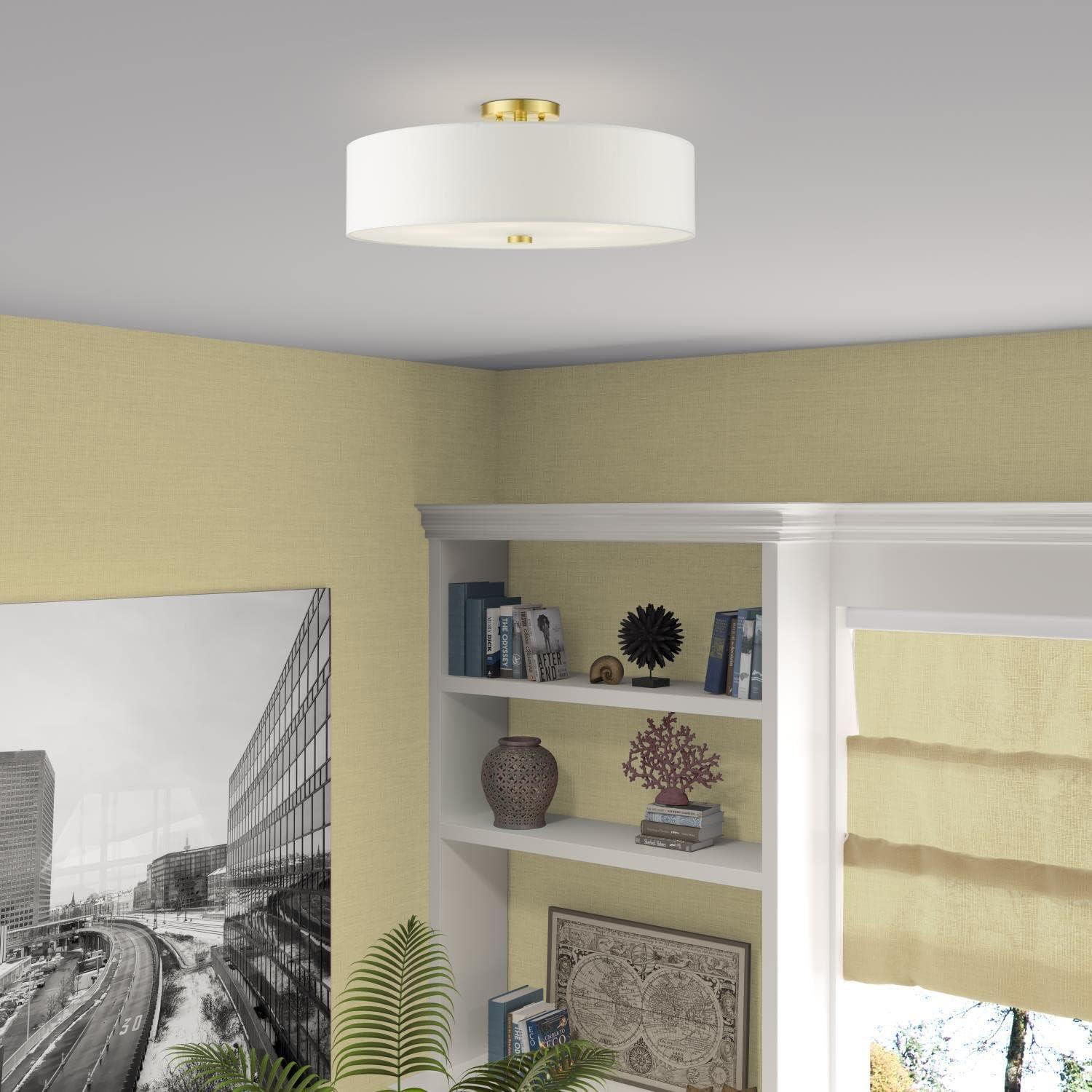 Satin Brass 5-Light Semi-Flush Drum Ceiling Fixture with Off-White Shade