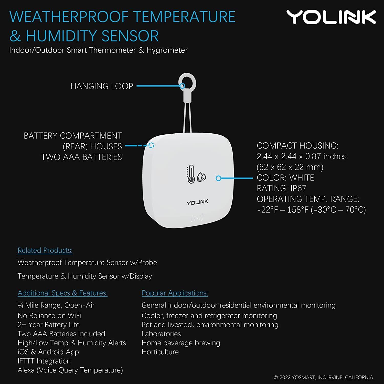 YoLink Smart Outdoor Temperature & Humidity Sensor, Hygrometer, Thermometer, 1000' Long Range, 2+ Years Battery Life, App Alerts, Text/SMS, Email Alerts, Alexa, IFTTT Integration. Hub Included!