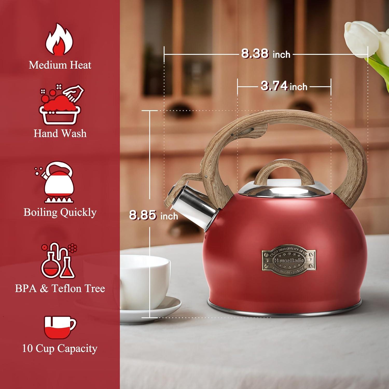 SUSTEAS Retro Tea Kettle for Stove Top, 2.64QT Whistling Teapot with Ergonomic Handle, Red