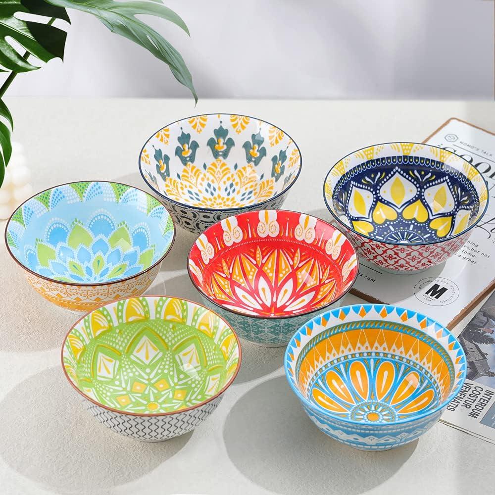 AHX 6 Pack Porcelain Cereal Bowls, 23oz Colorful Salad Soup Bowl,6.25-inch Round Ceramic Serving Bowl Set