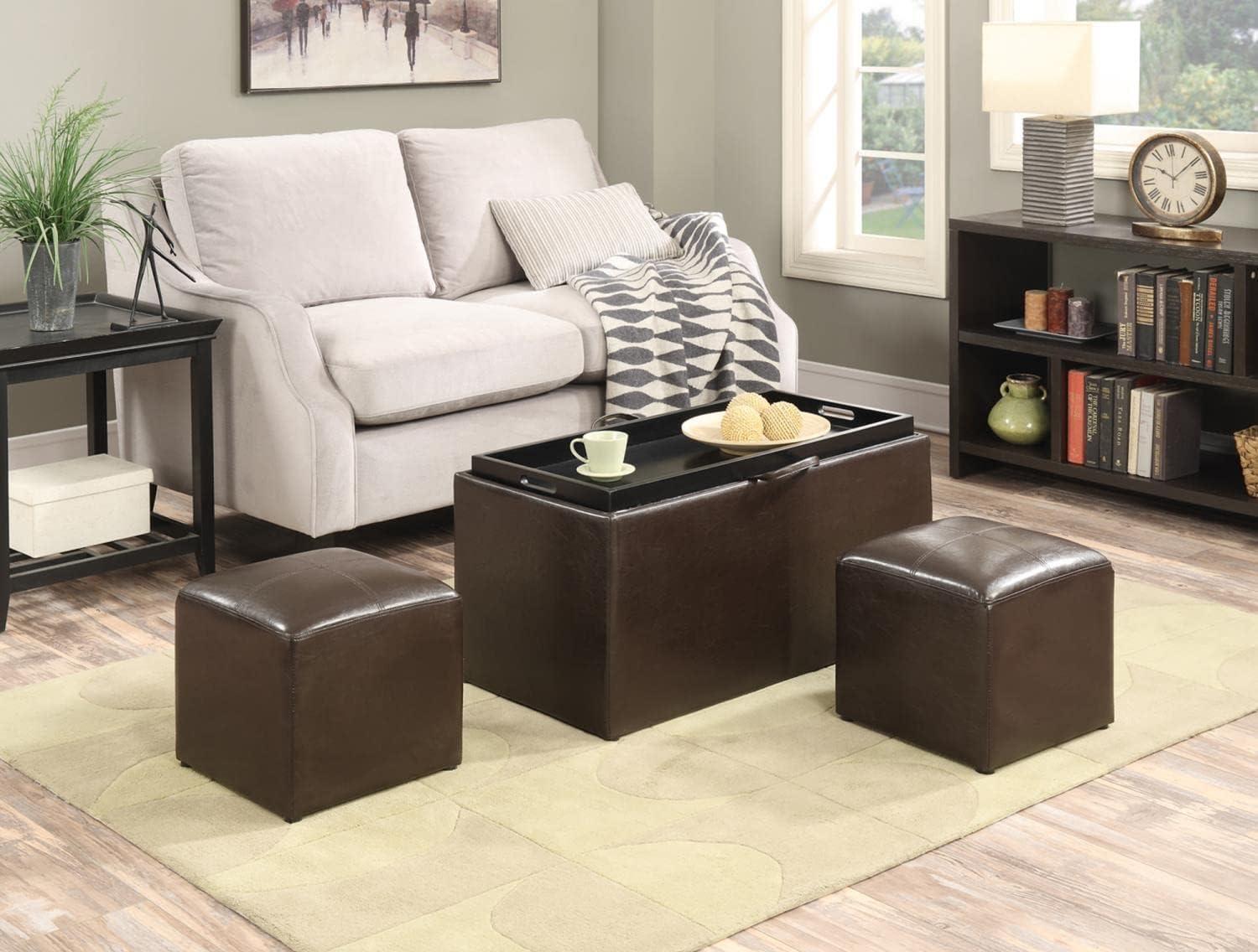 Espresso Faux Leather Footstool Bench with Built-In Tray and Side Ottomans