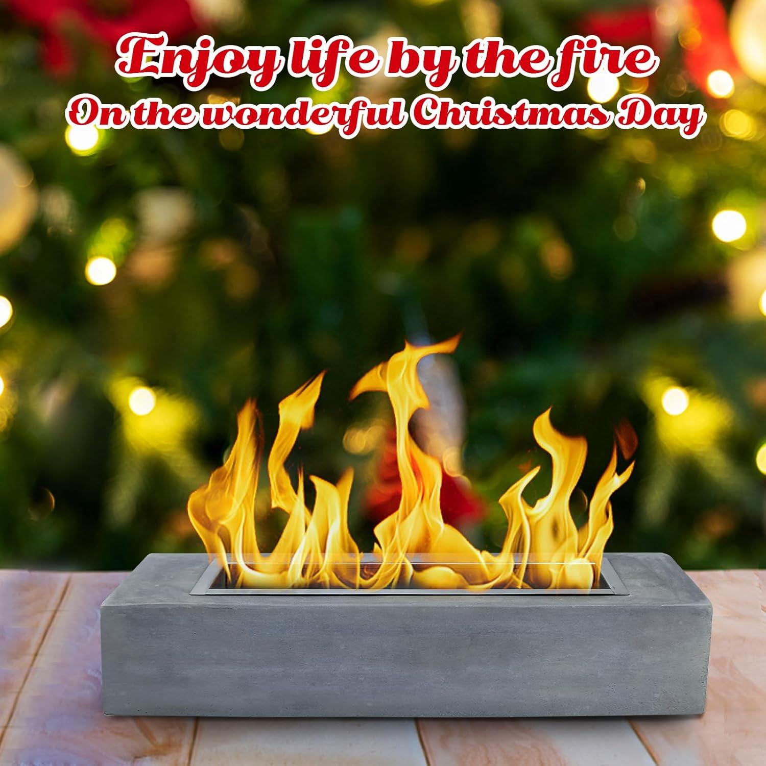 Large Table Top Fire Pit - Rectangular Alcohol Firepit Decorations Concrete Tabletop Fireplace Indoor Outdoor Decor Portable Smores Maker For Patio Balcony