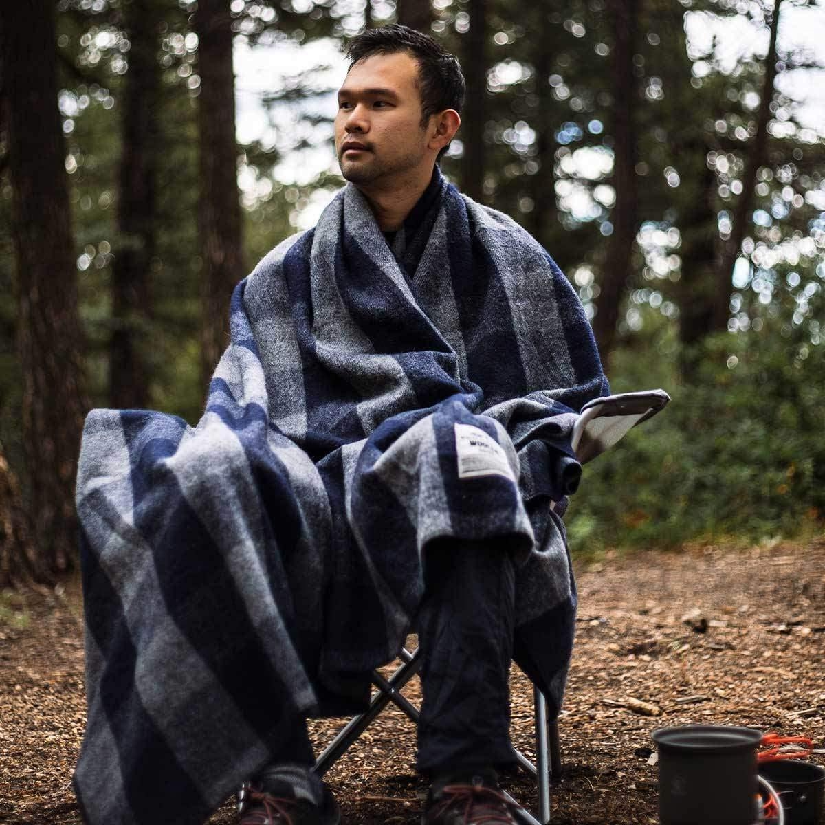 Minus33 Merino Wool M33 - Camp Throw Blanket White Mountain Woolen Gray and Blue Plaid