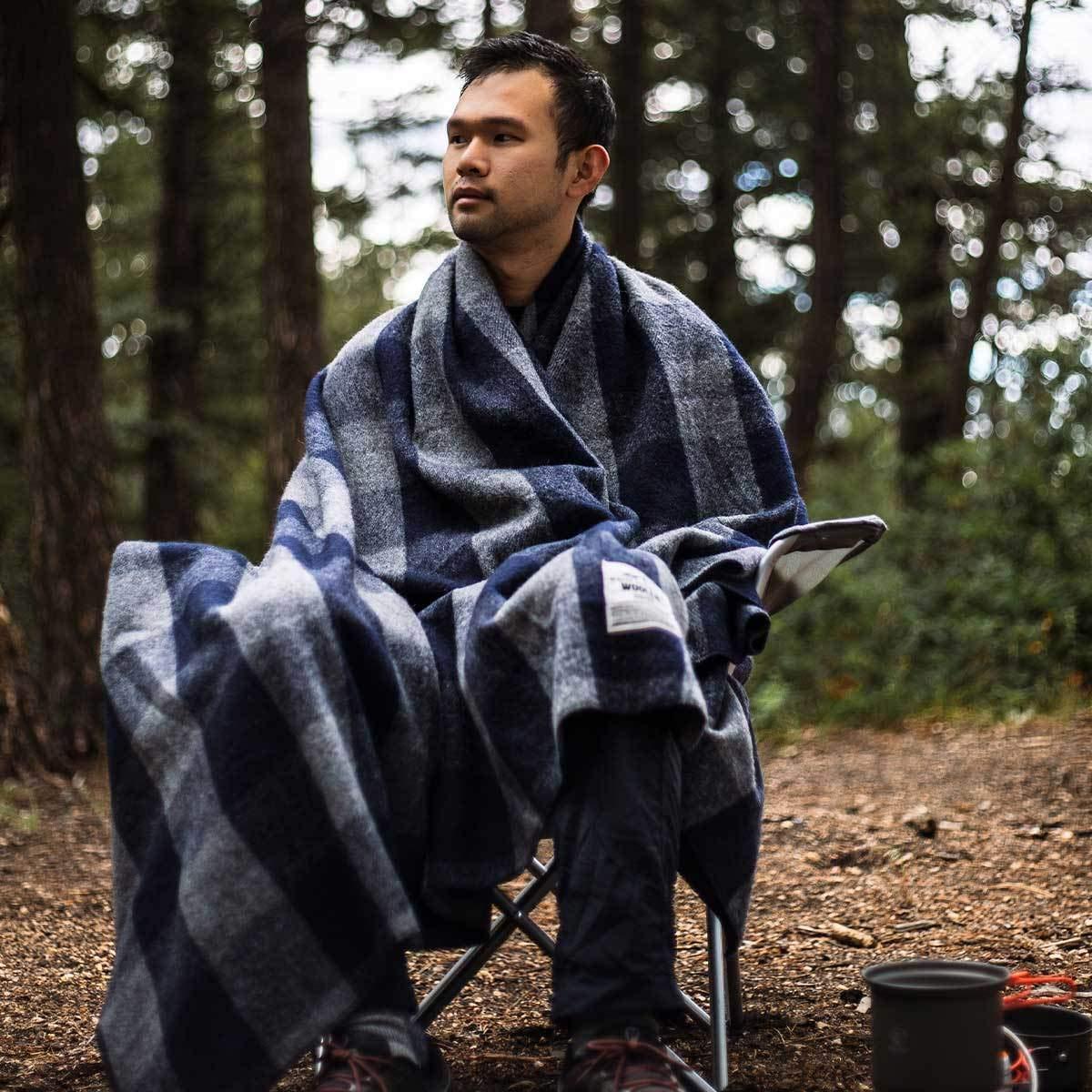 Minus33 Merino Wool M33 - Camp Throw Blanket White Mountain Woolen Gray and Blue Plaid