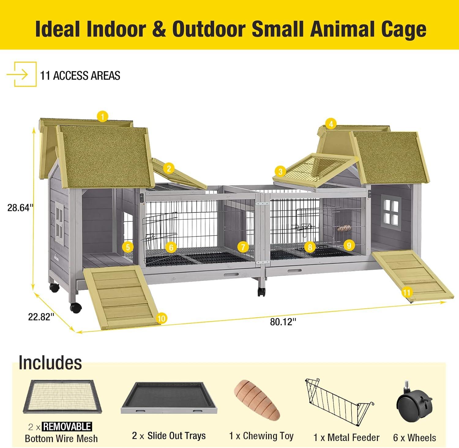 Gray Wooden Indoor/Outdoor Rabbit Hutch with Double House and Run