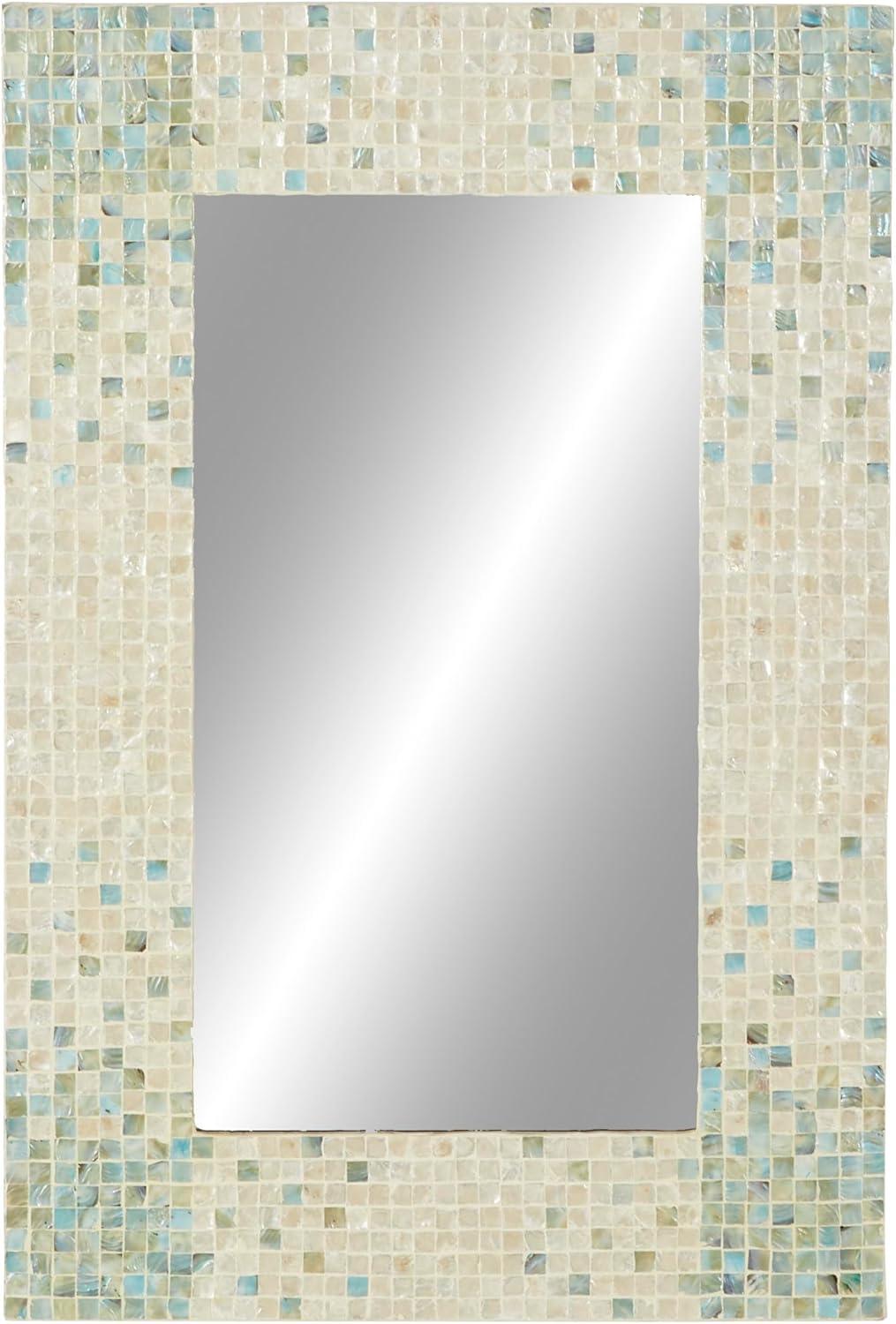 Coastal Charm Cream and Aqua Mosaic Wall Mirror 24" x 36"