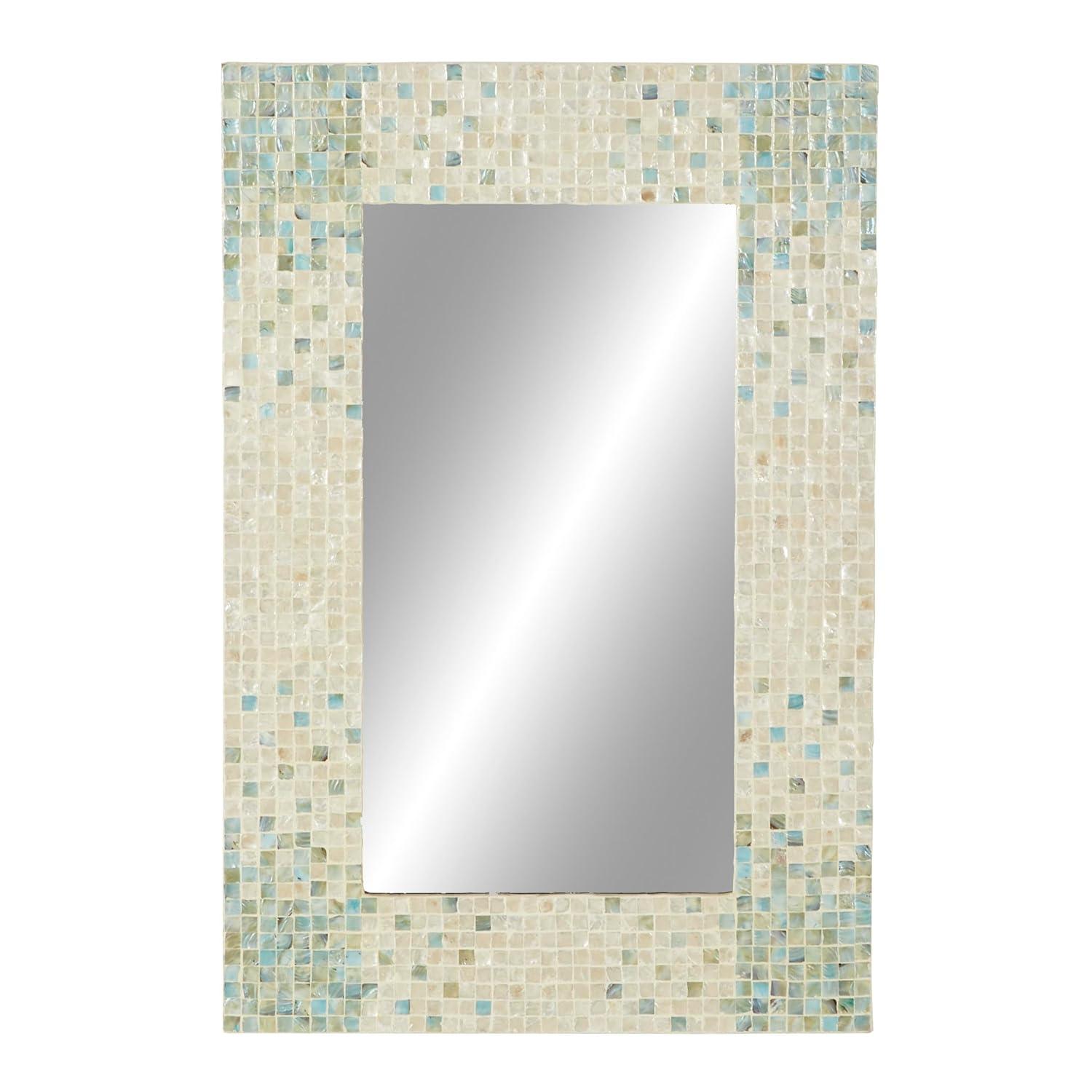 DecMode 24" x 36" Cream Handmade Mosaic Wall Mirror with Blue Corners