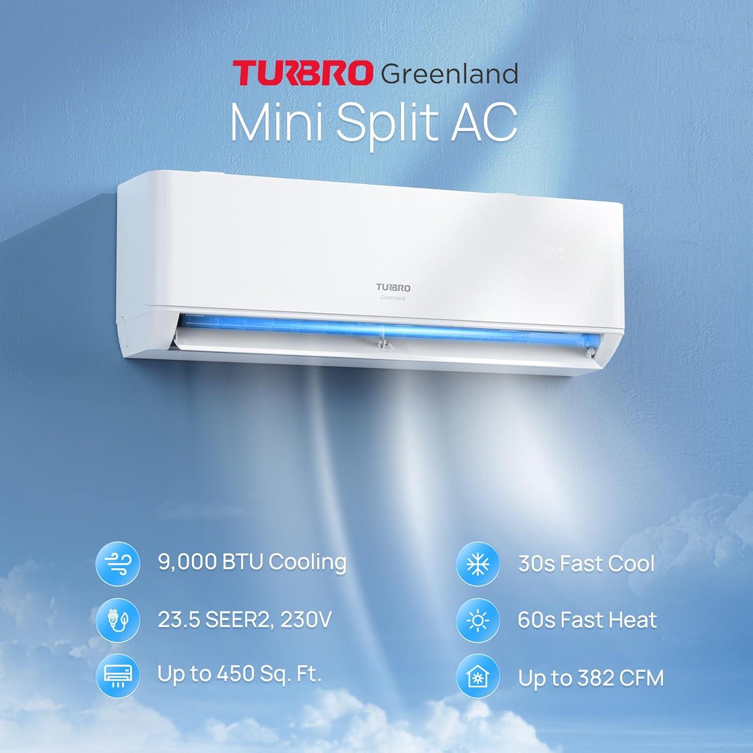 TURBRO 9,000 BTU White Ductless Mini Split Inverter AC with Heat Pump