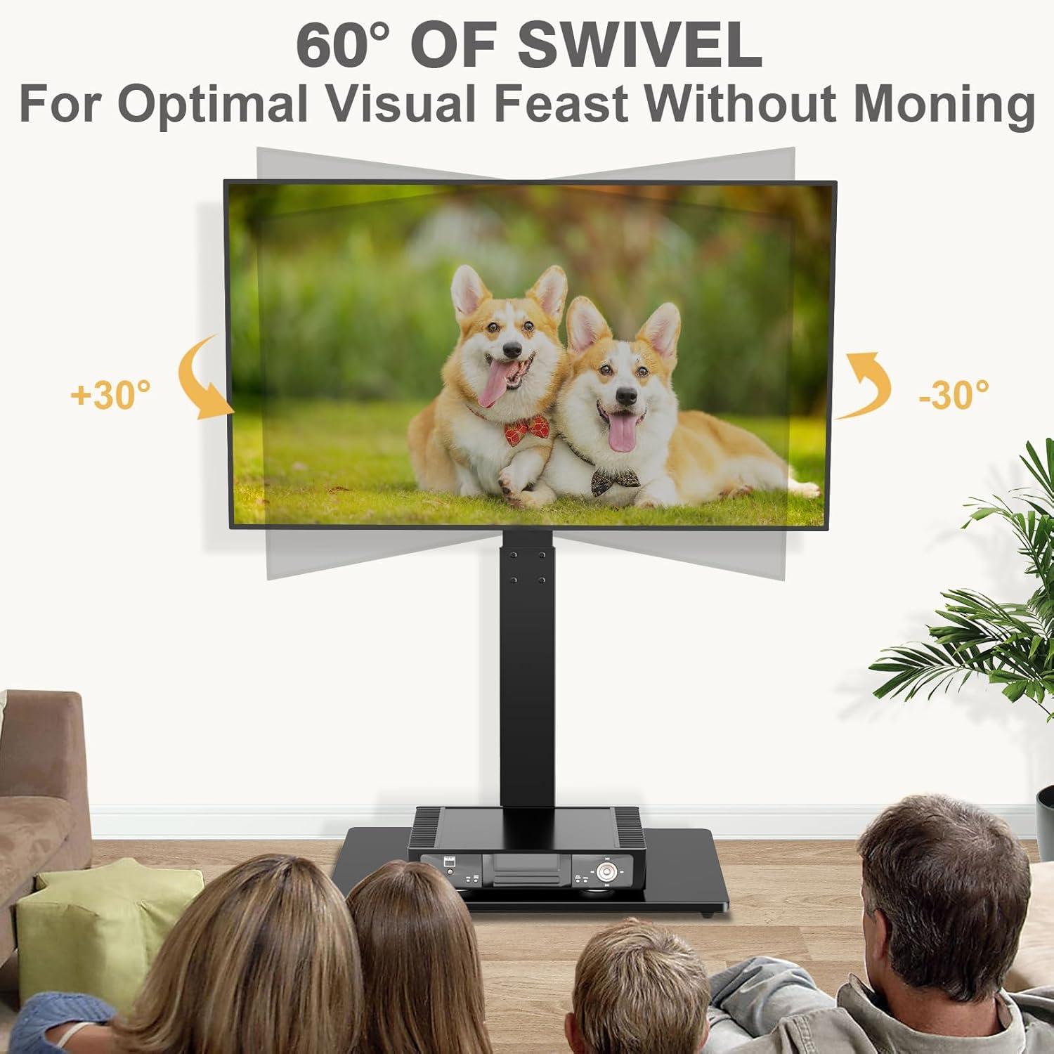 TAVR Universal Floor TV Stand Base for 32-75 Inch TVs up to 110 Lbs with Swivel Height Adjustable Mount, Black Tempered Glass Base for Media Storage and Space Saving