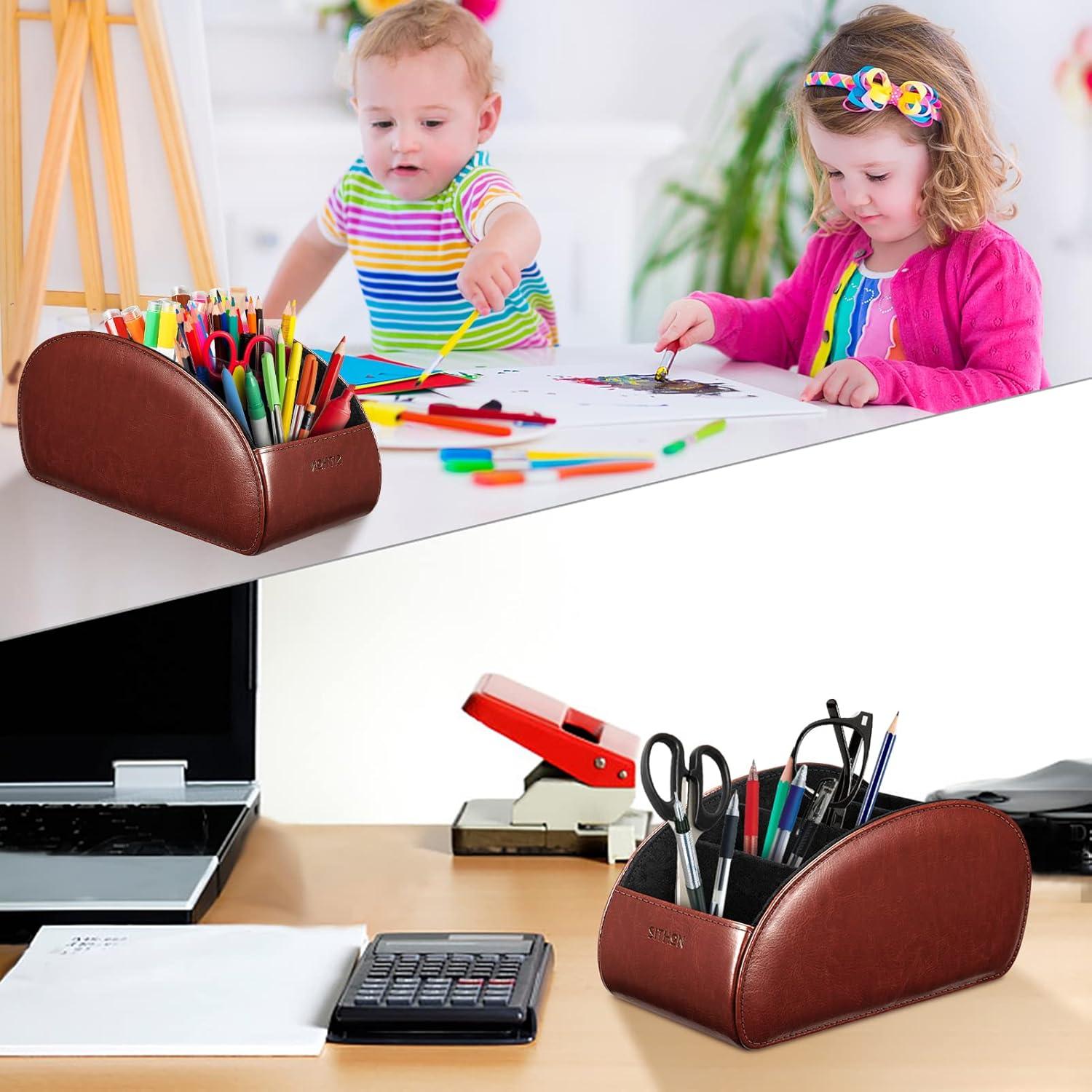 SITHON Remote Control Holder with 5 Compartments - PU Leather Remote Caddy Desktop Organizer, Brown
