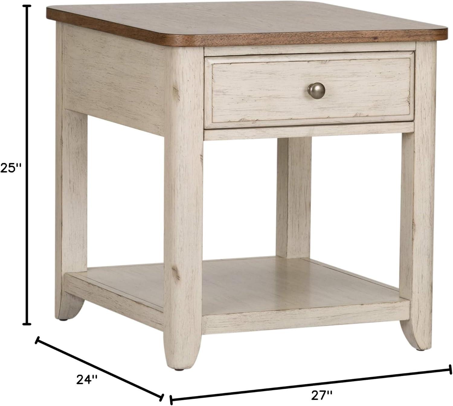 White and Chestnut Rectangular End Table with Storage Basket