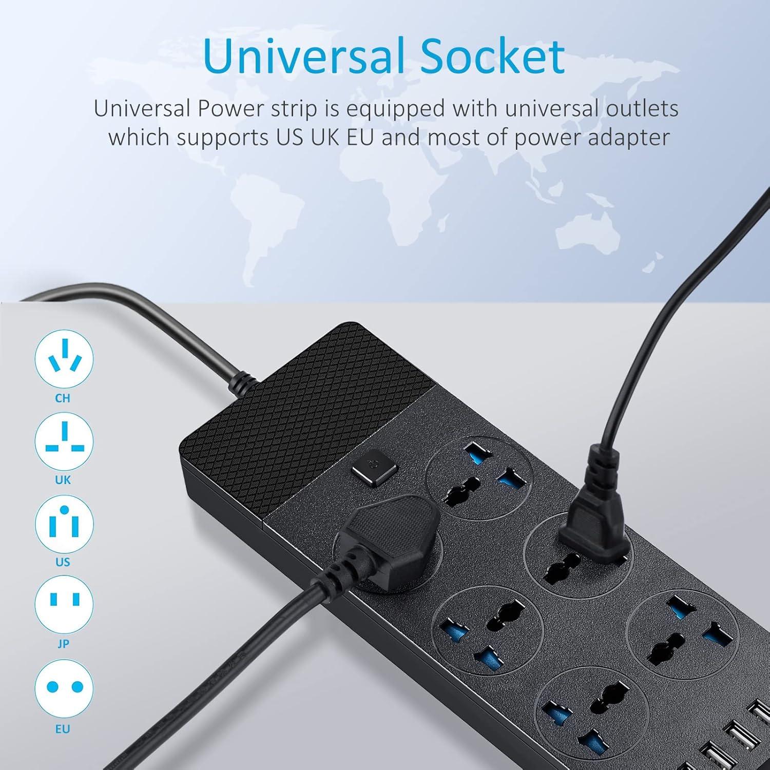 Black 6-Outlet Universal Power Strip with USB Ports and 6ft Cord