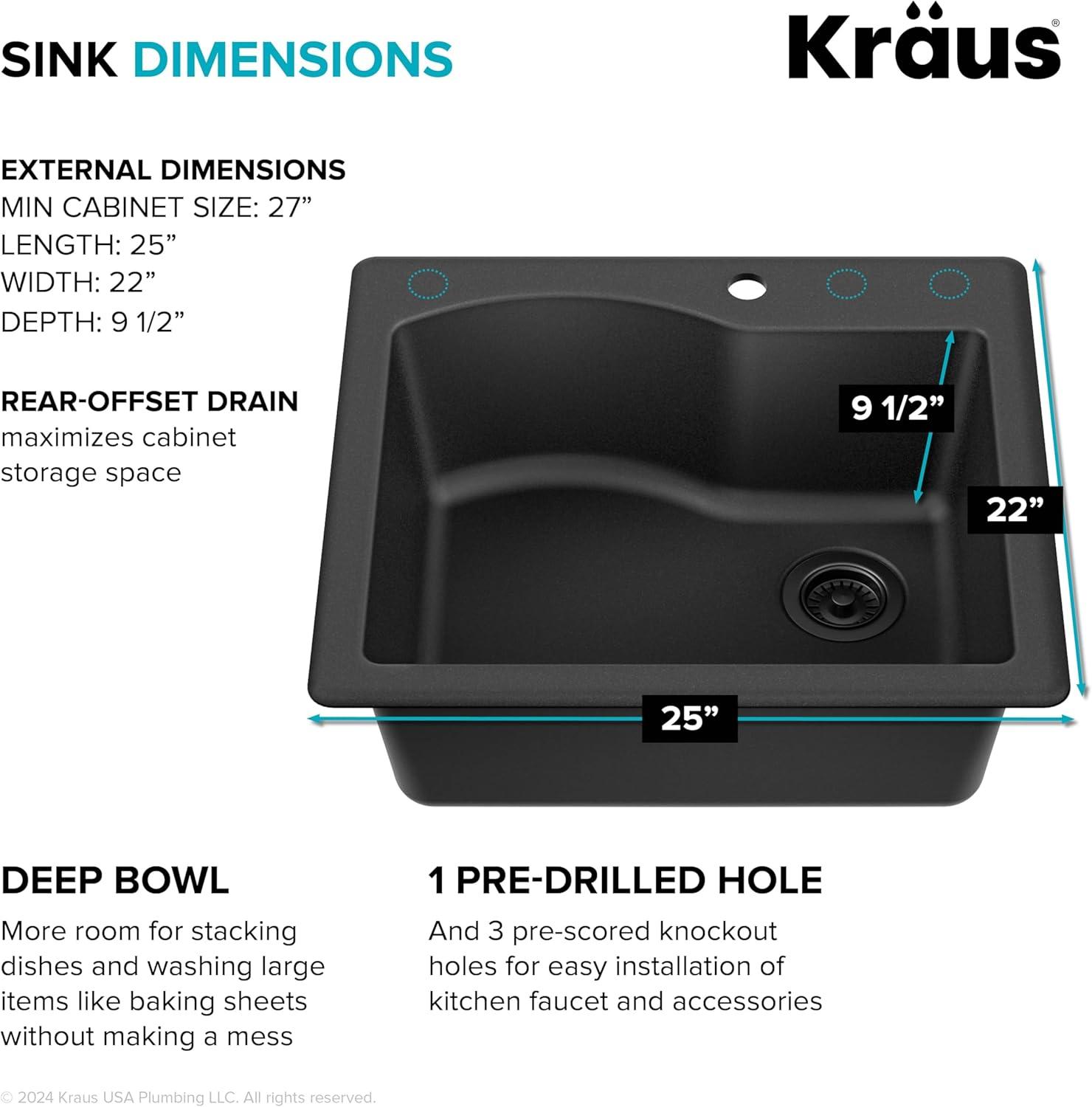 KRAUS Quarza™ 25" L Dual Mount Single Bowl Granite Kitchen Sink