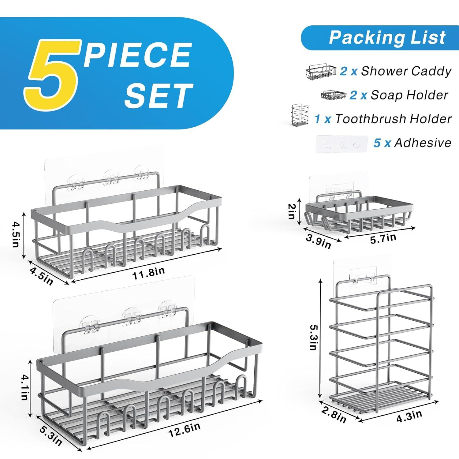 Shower Caddy 5 Pack,Adhesive Shower Organizer for Bathroom Storage&Home Decor&Kitchen,No Drilling,Large Capacity,Rustproof Stainless Steel Bathroom Organizer,Shower Shelves for Inside Shower-Standard