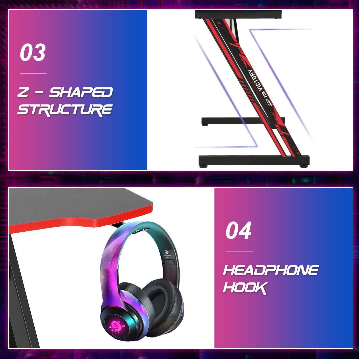 BestOffice 35"/39"/47" Computer Desk Z Shaped Workstation Ergonomic Table with Headphone Hook for Game Players (Red, 47 in)