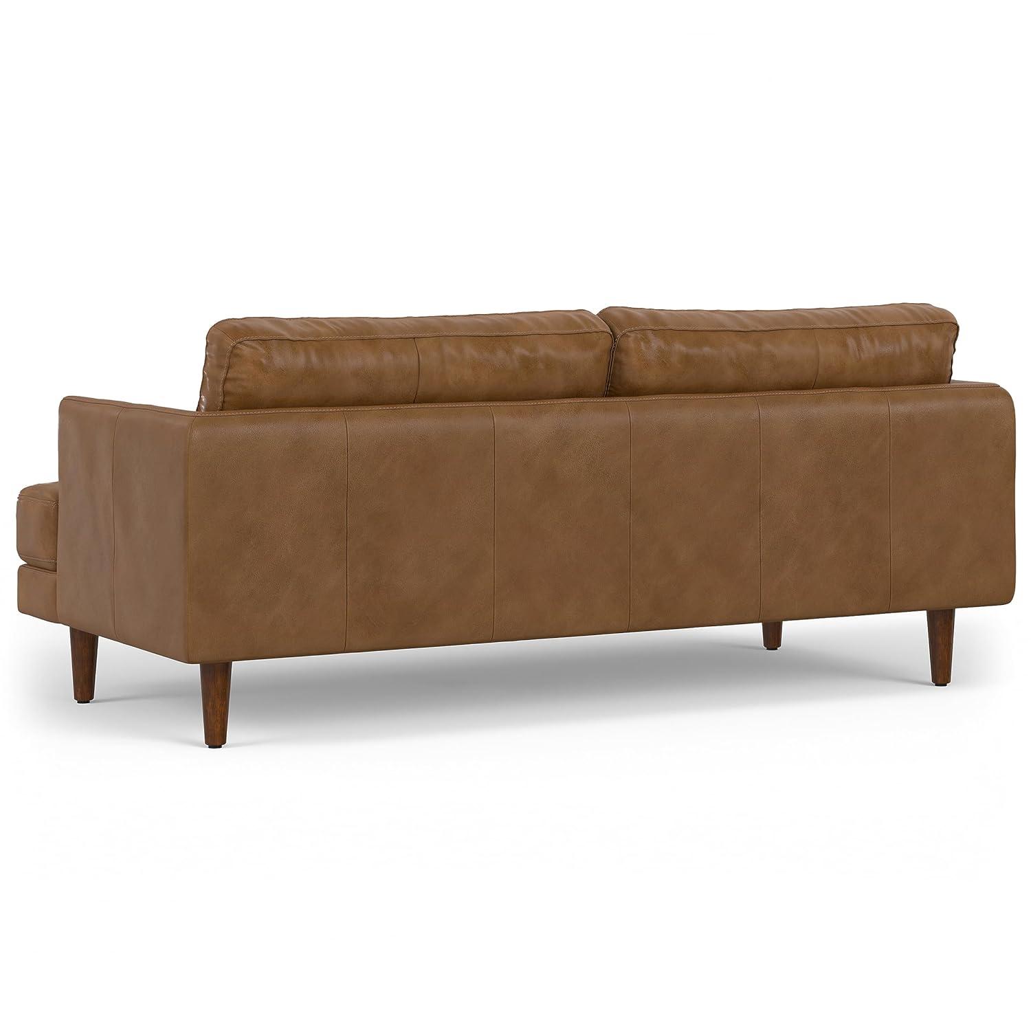 Simpli Home Livingston Top Grain Genuine Leather Mid-Century Modern Sofa With Solid Wood Frame For Living Room