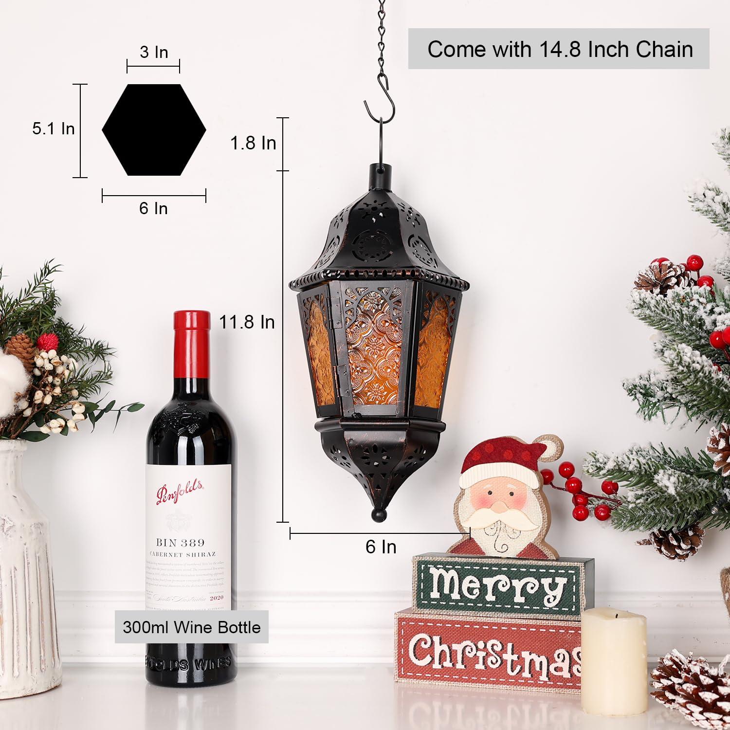 DECORKEY Moroccan Lantern Decorative Indoor & Outdoor, 13.6’’ Vintage Decorative Hanging Lanterns with Chian for Home Porch Patio Decor, Metal Ramadan Christmas Candle Holder Decorations (Amber)