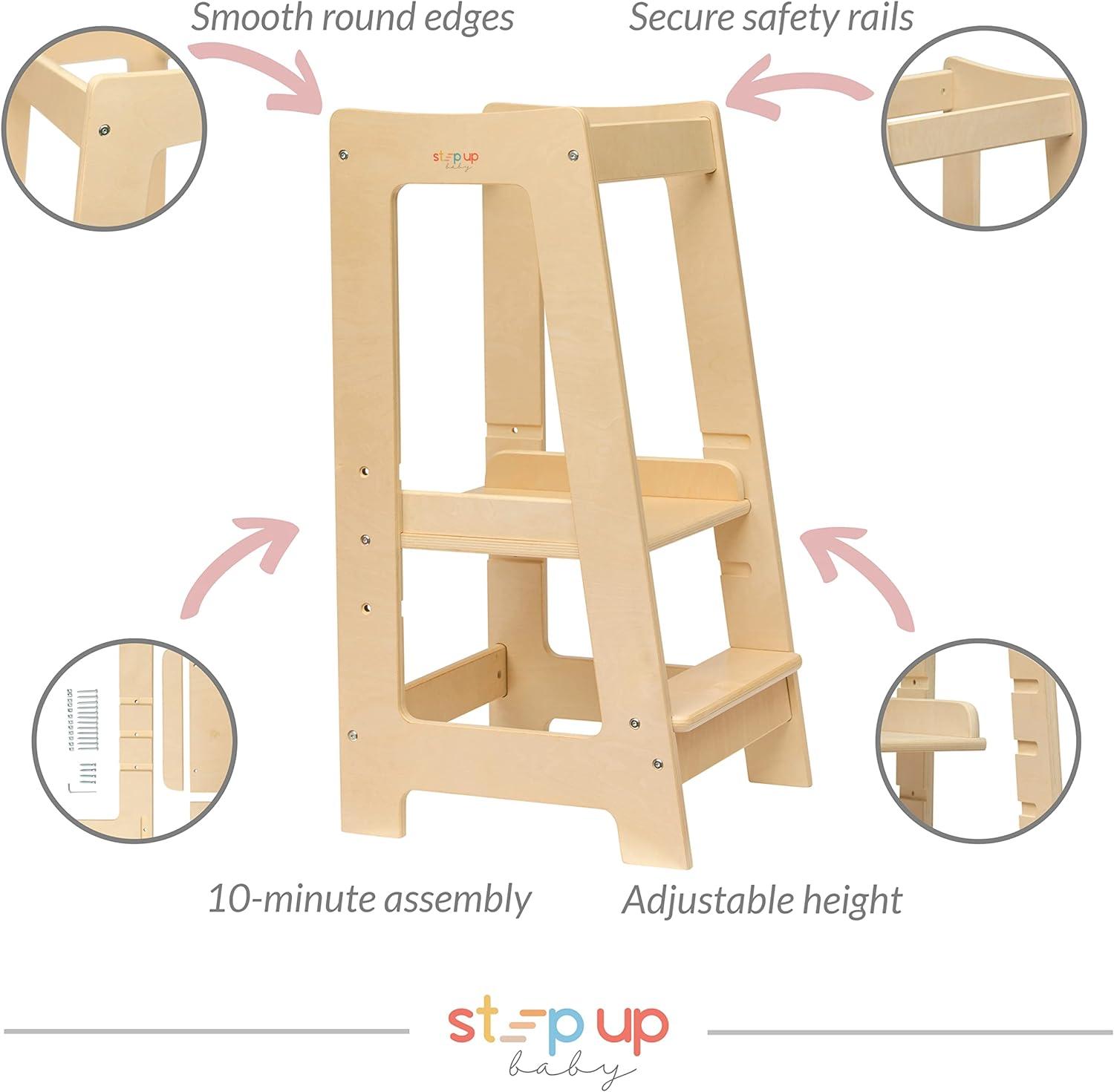 Stepup Baby Montessori Toddler Tower Wooden Step Stool, with Safety Rail, Adjustable for 18 Month - 5 Years - Varnished